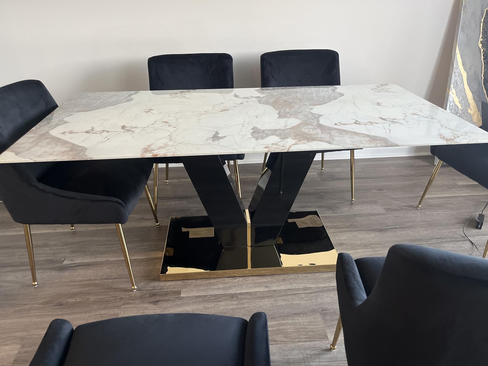 gopop Marble Dining Table, Modern Dining Room Table with Golden Stainless Steel Base, Marble Kitchen Table for 8 People, 71