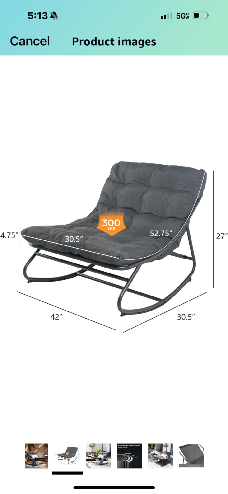 Grand patio Rocking Chair with Cushion for Indoor and Outdoor, Dark Grey | Metal Patio Lounge Rocking Chair with Thick Cushion, Comfy Modern Rocker for Living Room Porch Backyard customer photo 2