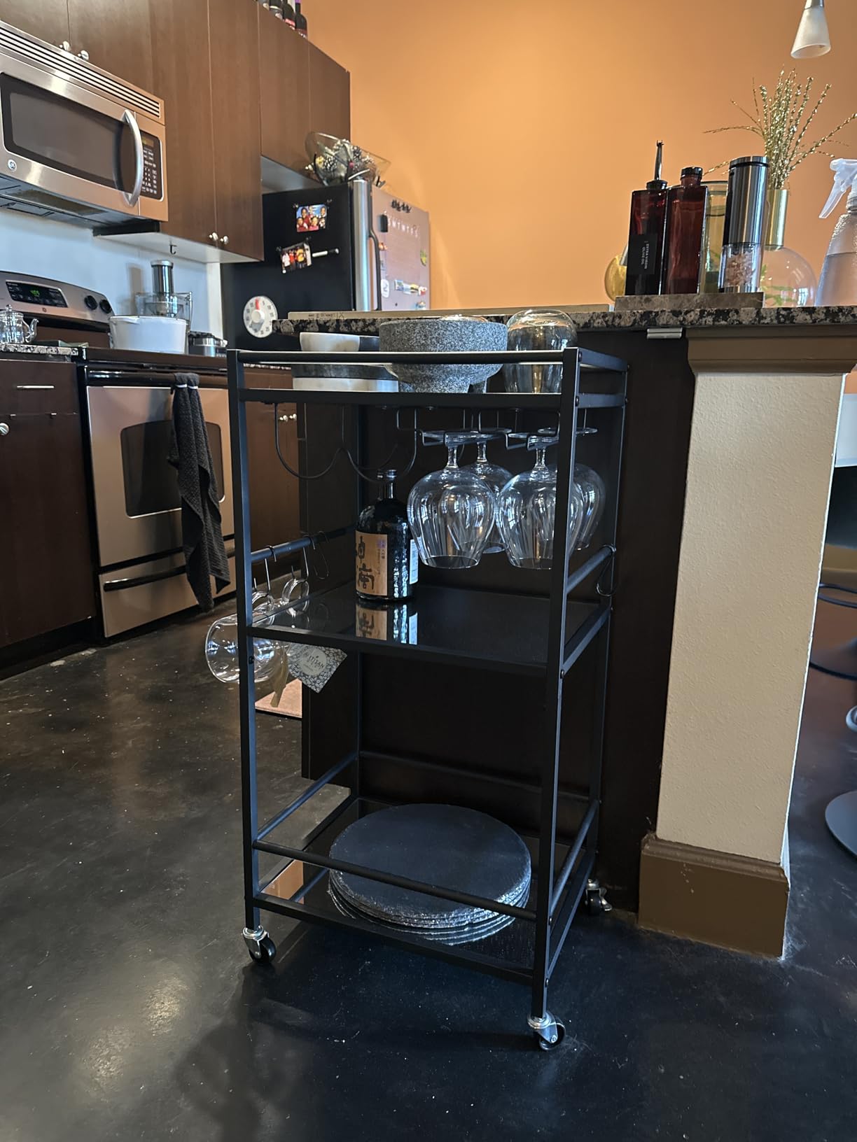 TUTOTAK Bar Cart, Home Bar Serving Cart with 3-Tier Mirrored Shelf, Drink Cart, Mobile Kitchen Shelf with Wine Rack, Gold BC01BB033 customer photo 2