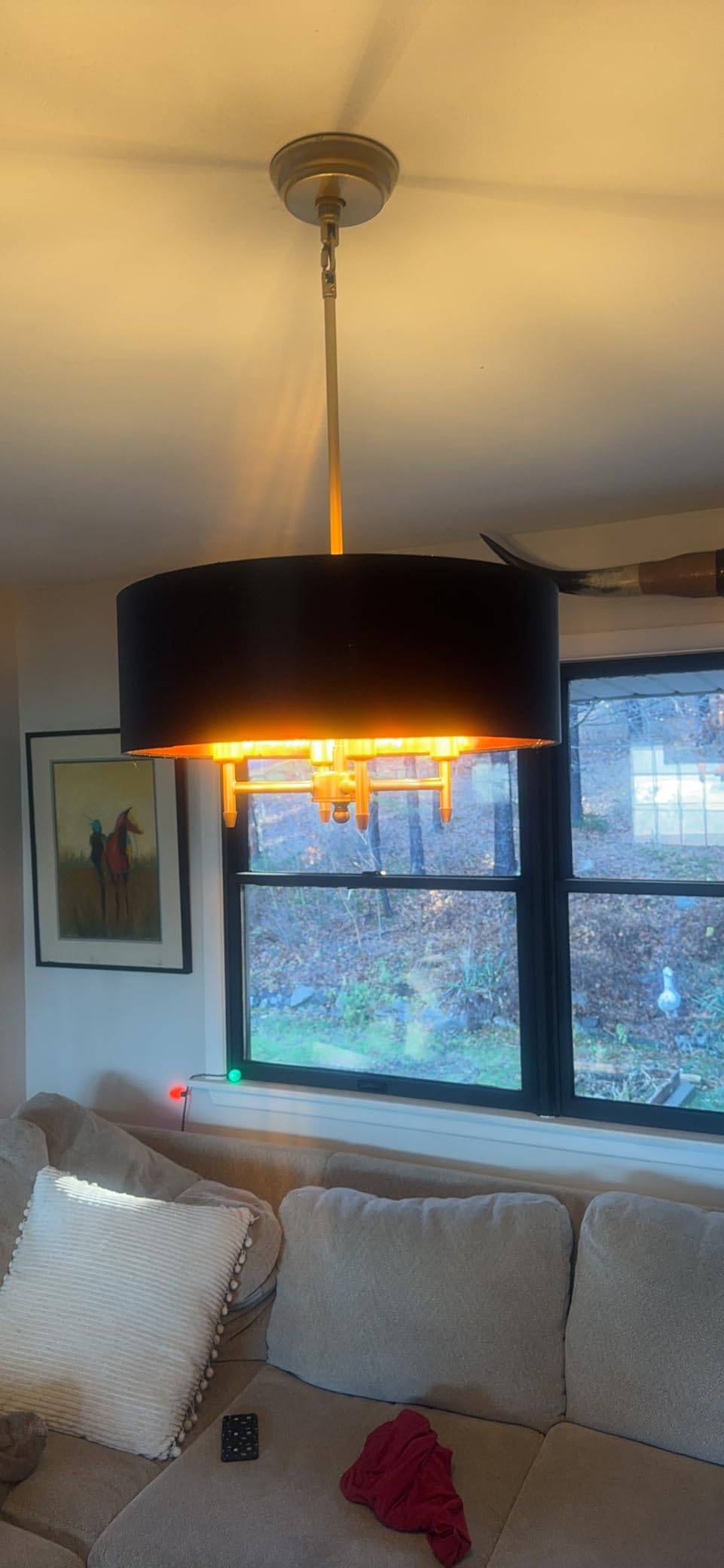 17.7in Black Gold Drum Chandelier 4-Light Shade Linen Light Fixture | Modern Chandeliers for Dining Room, Bedroom, Kitchen Island, Living Room, Foyer,Entryway, E12,Rod Adjustable customer photo 1
