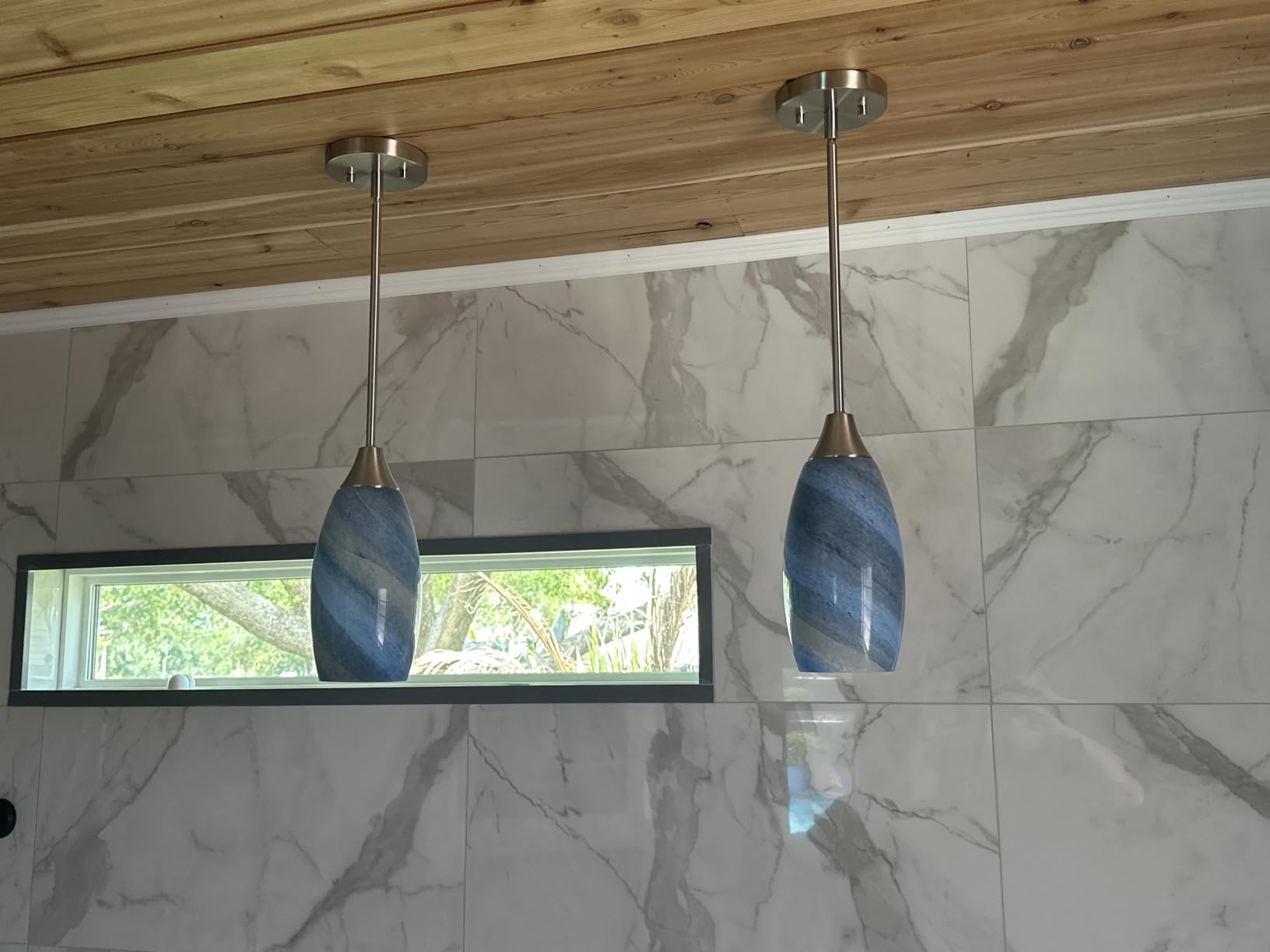EDISHINE Pendant Light Fixture, Handcrafted Art Glass Hanging Light, Grey Marble Glass Shade, Adjustable Brushed Nickel Rods, E26 Base customer photo 1