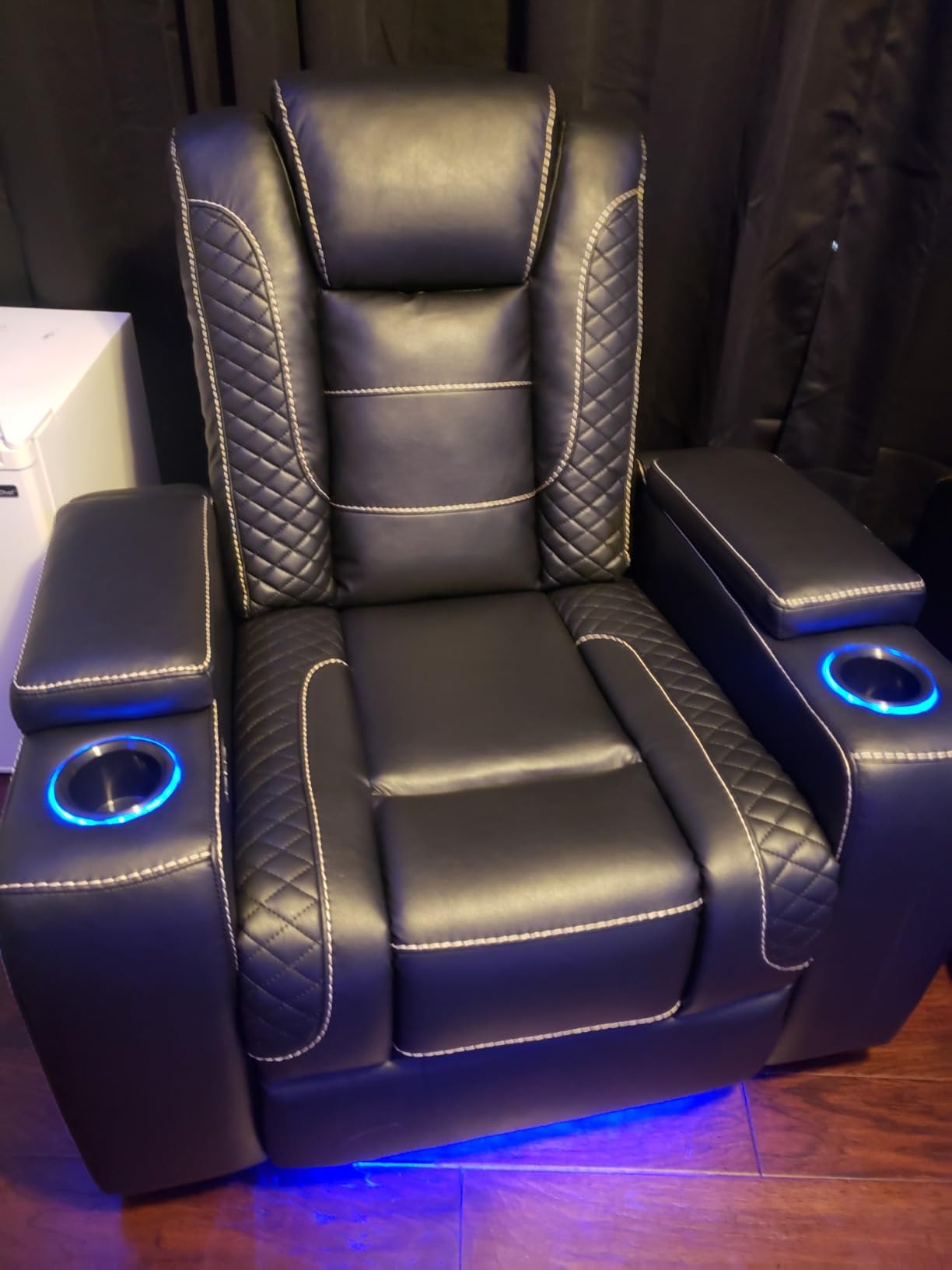 ANJ Power Recliner Chair with USB Port, Electric PU Leather Home Theater Seating for Living Room, Movie Reclining Chairs with Blue Ambient Lighting, Hidden Arm Storage, Cup Holders (Black) customer photo 2