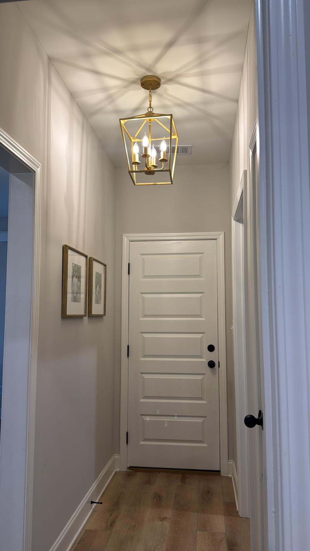 Industrial 4 Lights Chandelier, Gold Lantern Ceiling Light Fixtures with Rustic Metal Cage Adjustable Height Farmhouse Geometric Hanging Light for Kitchen Island, Dining Room, Entryway, UL Listed customer photo 1