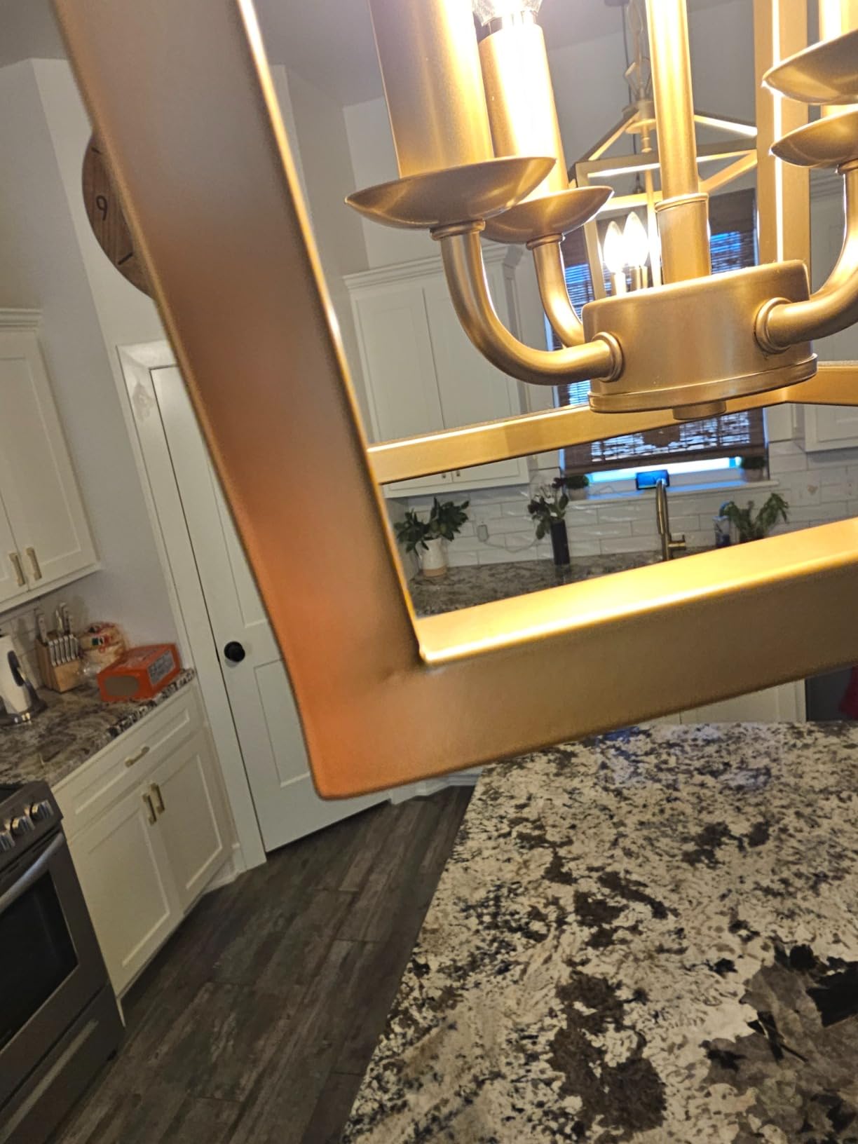 Industrial 4 Lights Chandelier, Gold Lantern Ceiling Light Fixtures with Rustic Metal Cage Adjustable Height Farmhouse Geometric Hanging Light for Kitchen Island, Dining Room, Entryway, UL Listed customer photo 2