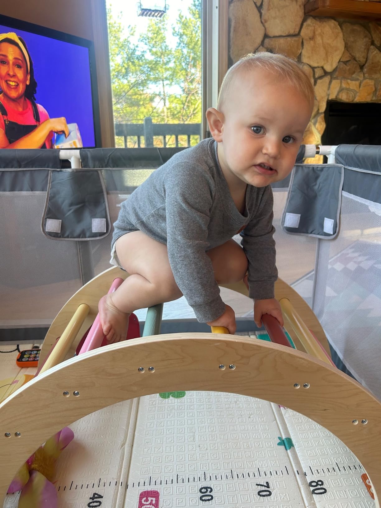 LOL-FUN Foldable Pikler Triangle Climbing Toy with Slide for Toddlers 1-3 | Sturdy solid wood construction supports up to 110 lbs, water-based paint, anti-slip rubber base designed safe for ages 1-3 customer photo 2