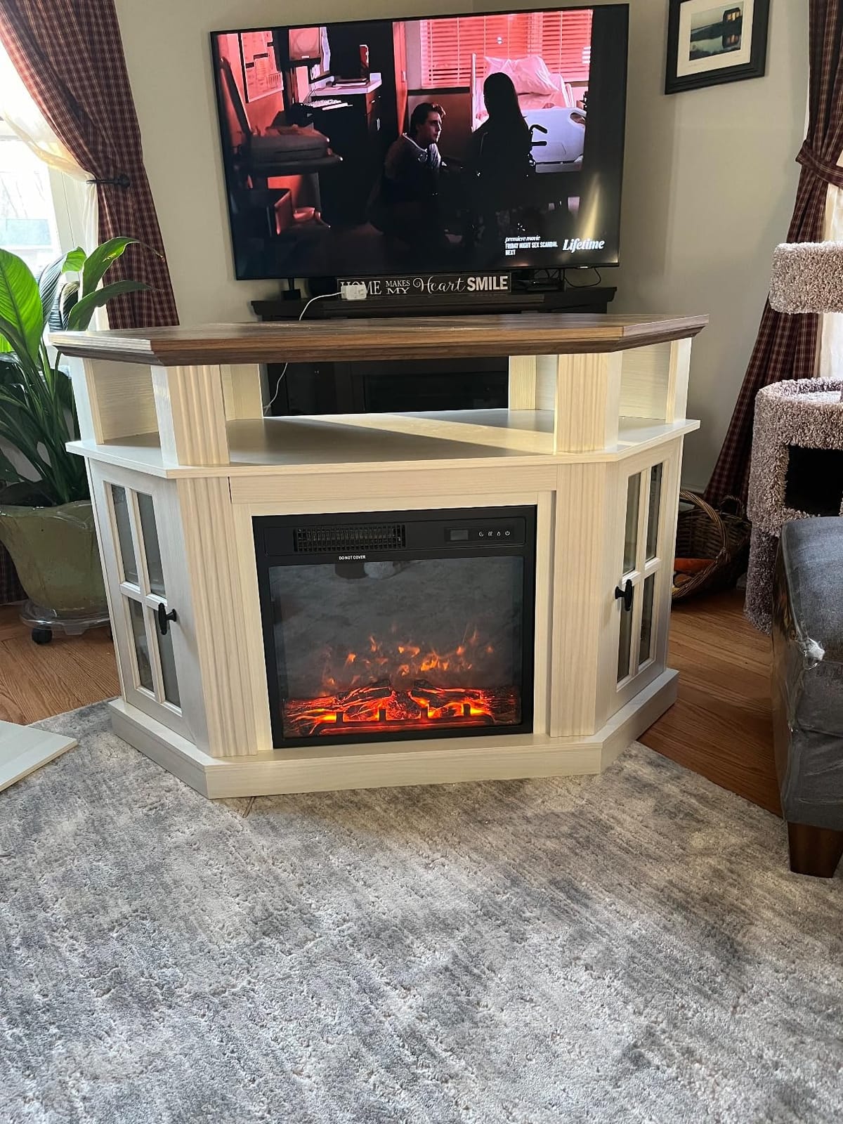 Flamaker Corner Fireplace TV Stand for TVs up to 55 Inch, White | Entertainment Center with 18 Inch Fireplace, Glass-Door Storage Cabinet, Open Shelf, Space-Saving Corner Design customer photo 1