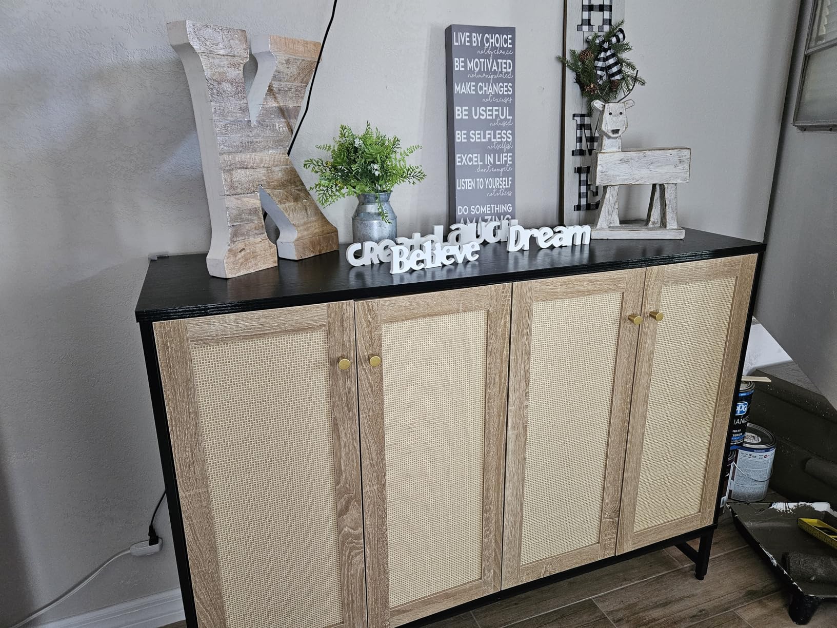 Panana Sideboard Accent Storage Cabinet with Rattan Decorated 4 Doors Dining Room Freestanding Kitchen Buffet Table Cupboard (White) customer photo 2
