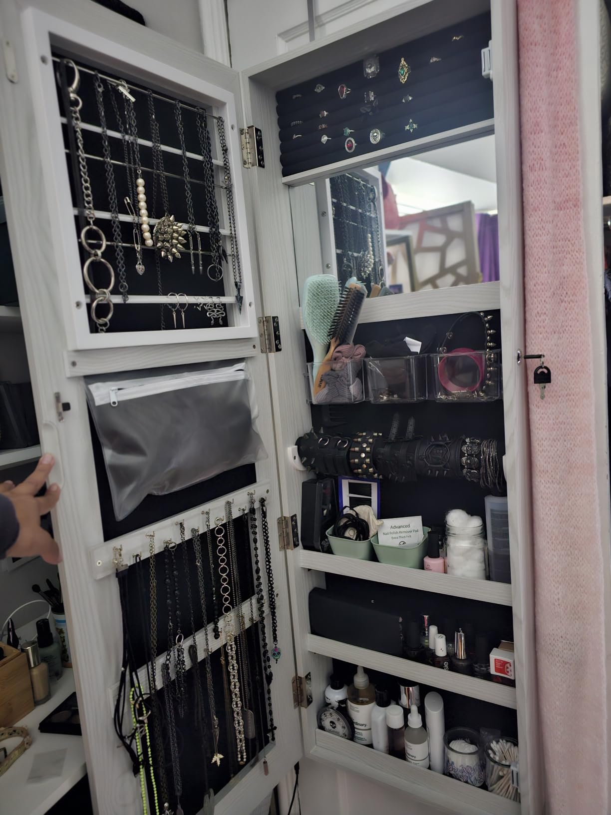 CHARMAID LED Mirror Jewelry Cabinet, Lockable Jewelry Armoire with Adjustable Lighted Full Length Mirror, 3 Lighting Sets, Wall Mounted Door Hanging Jewelry Storage Organizer (Black, 42.5''H) customer photo 1