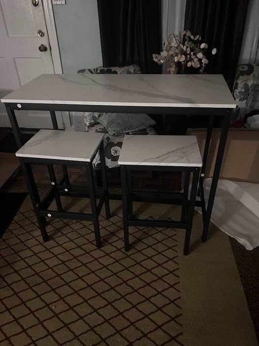 Yongchuang 5 Piece Bar Table Set, White Kitchen Bar Table and Chairs Set of 4, Modern Metal Counter Height Table with Stools for Dining Room, Living Room Breakfast Table Faux Marble Wood Top customer photo 2