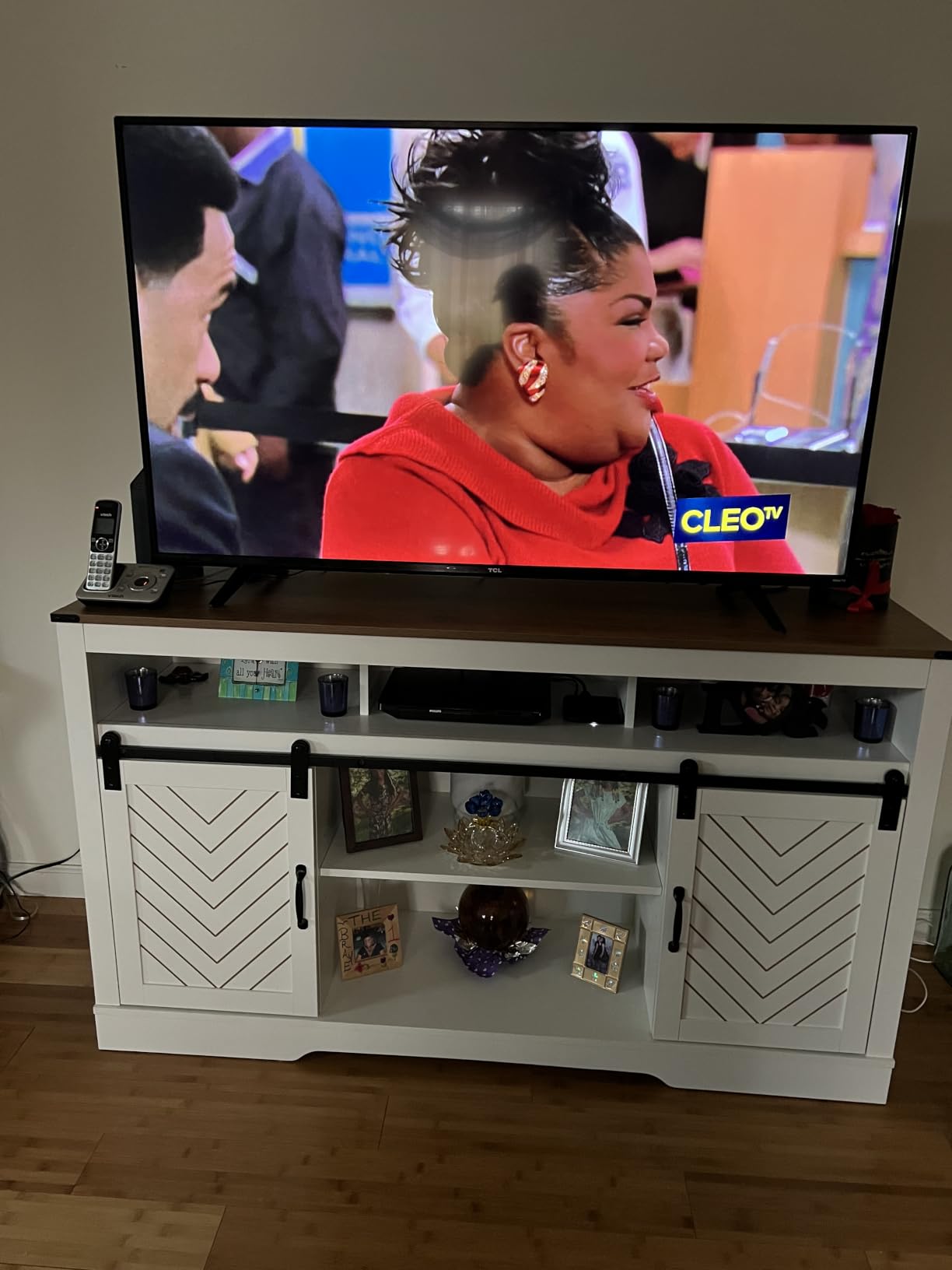 RoyalCraft Farmhouse TV Stand for 65+ Inch TV, 34'' Tall Entertainment Center with Sliding Barn Doors, Rustic Wood Media Console Storage Cabinet Television Stand for Living Room, Bedroom (Dark Grey) customer photo 1