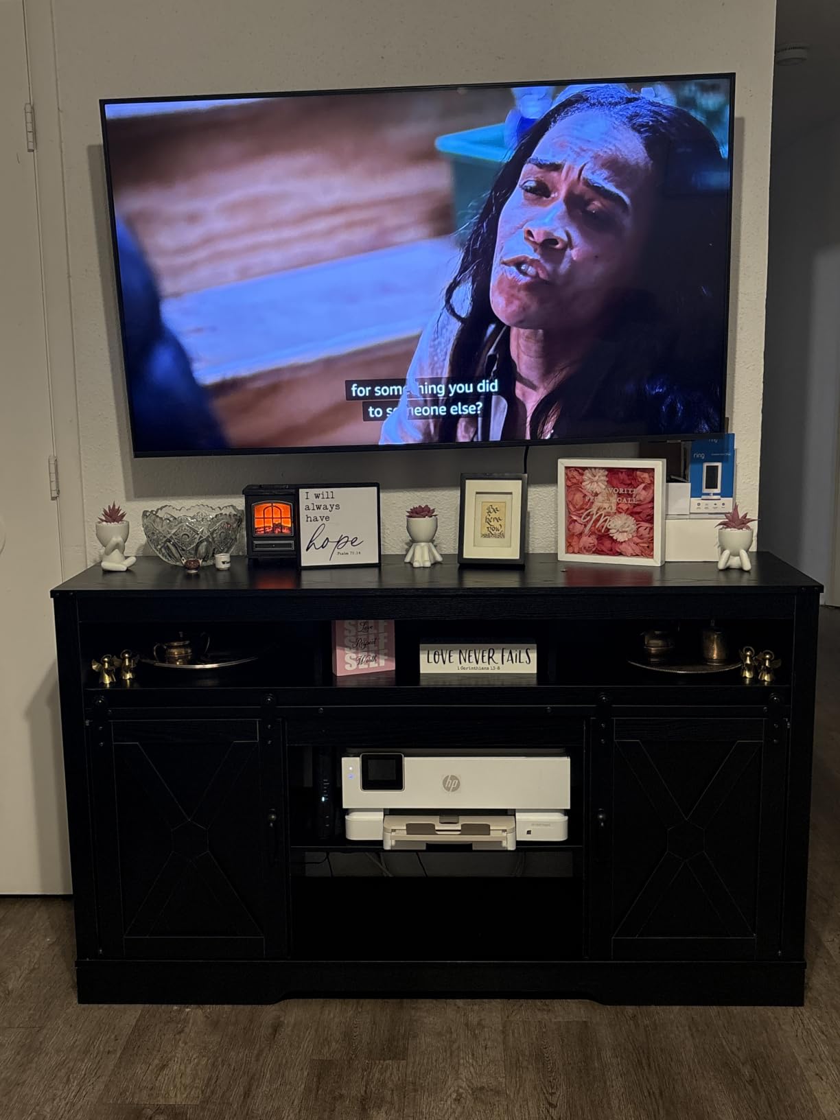 RoyalCraft Farmhouse TV Stand for 65+ Inch TV, 34'' Tall Entertainment Center with Sliding Barn Doors, Rustic Wood Media Console Storage Cabinet Television Stand for Living Room, Bedroom (Dark Grey) customer photo 2