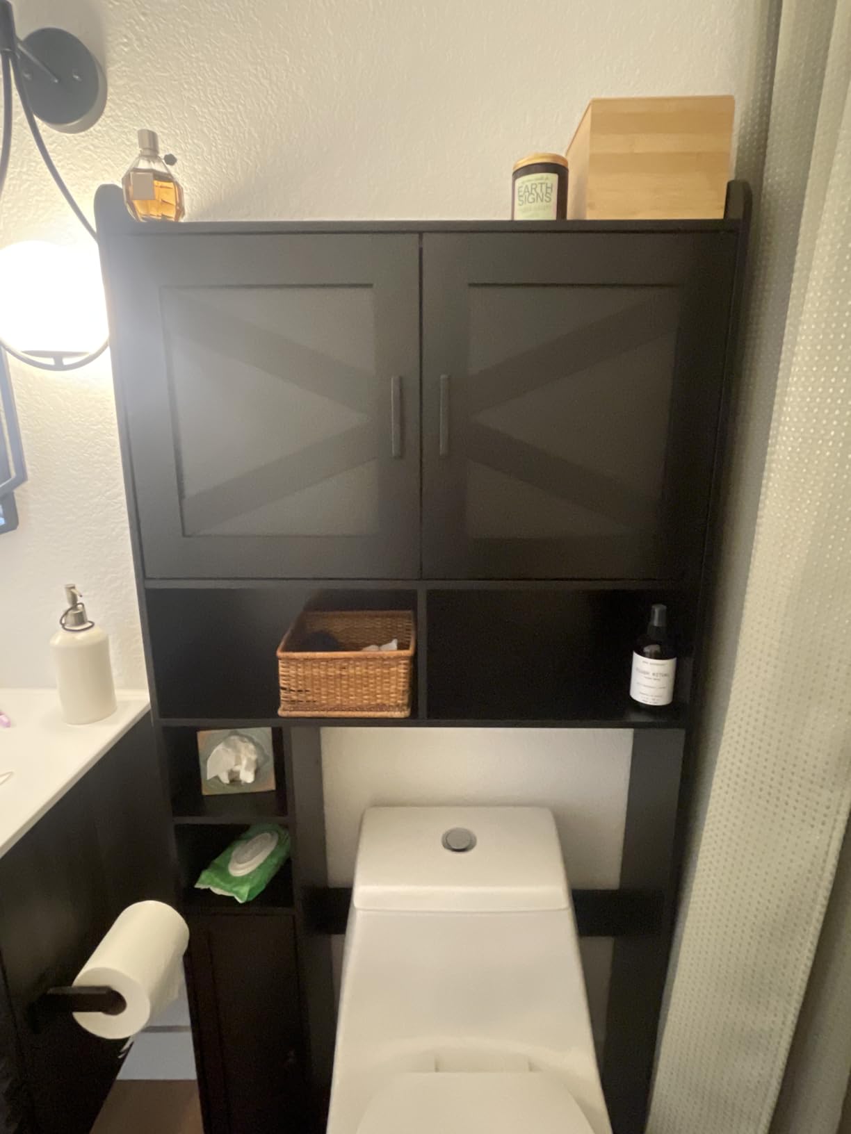 Homhedy Wooden Over The Toilet Storage Cabinet with Barn Door | Freestanding Bathroom Storage, Toilet Paper Holder, Adjustable Shelf,Space-Saving, Farmhouse Style, White customer photo 2