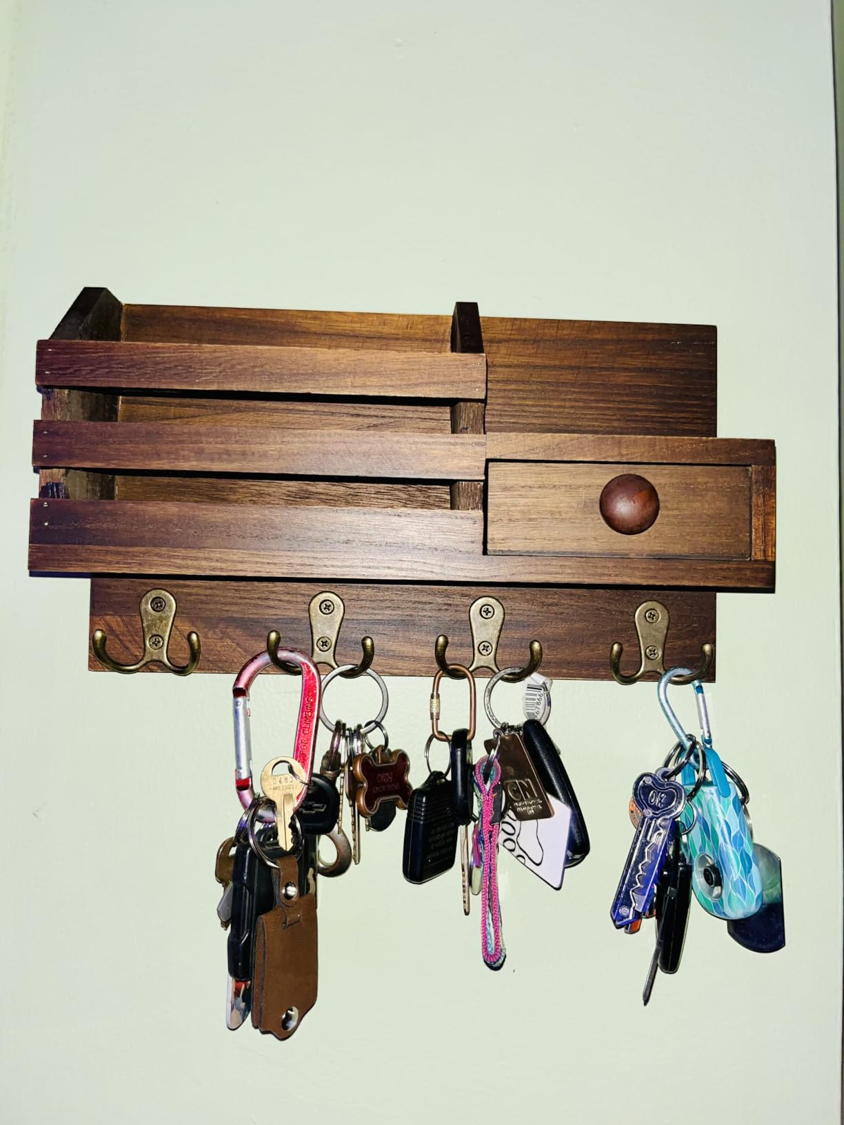 Key Holder Wall Mount, Wooden Key and Mail Organizer, Black | 2 Mount Options, Includes 8 Hooks, Fence Mail Slot, Small Drawer and Shelf, for Entryway, Hallway, Doorway, Living Room, RV customer photo 1