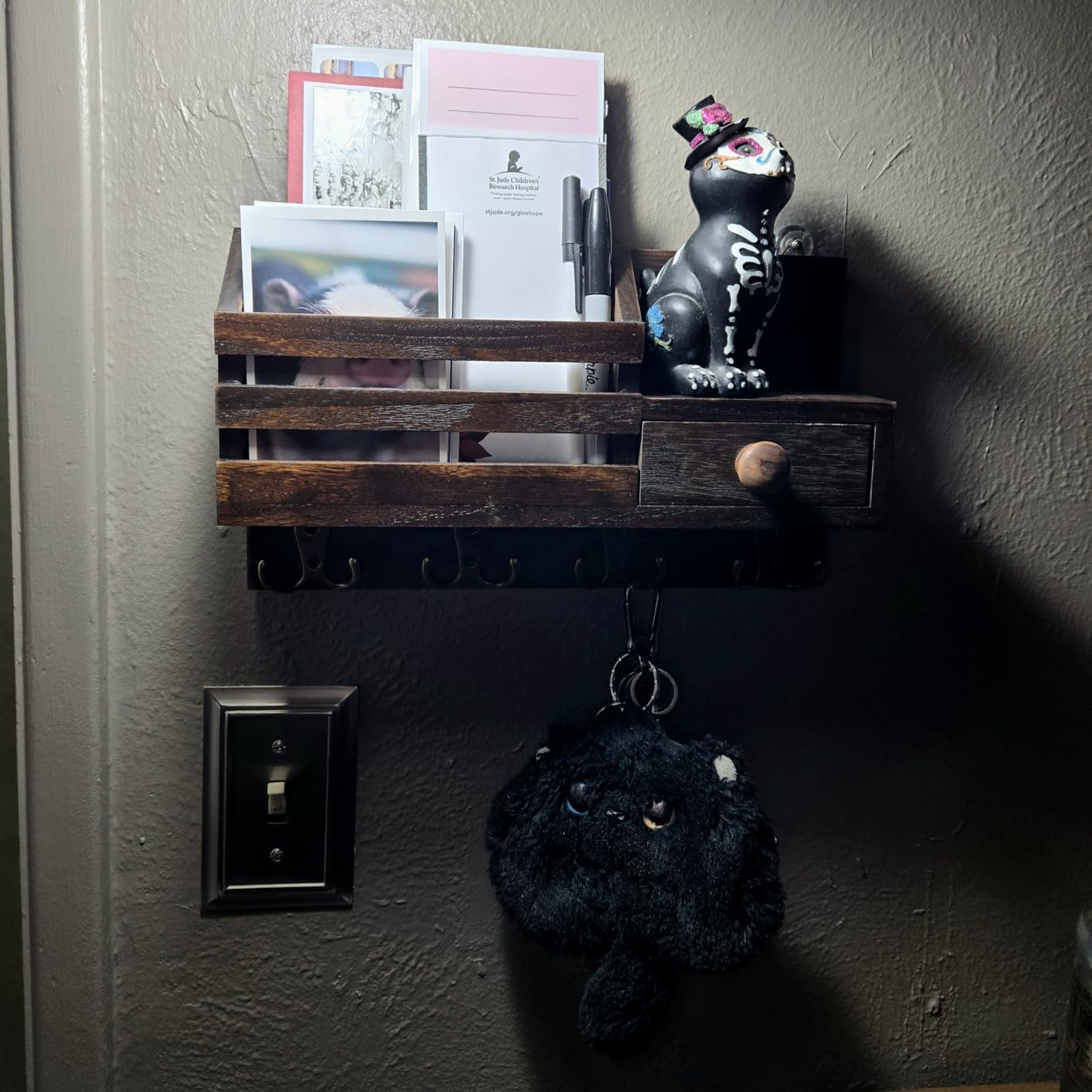 Key Holder Wall Mount, Wooden Key and Mail Organizer, Black | 2 Mount Options, Includes 8 Hooks, Fence Mail Slot, Small Drawer and Shelf, for Entryway, Hallway, Doorway, Living Room, RV customer photo 2