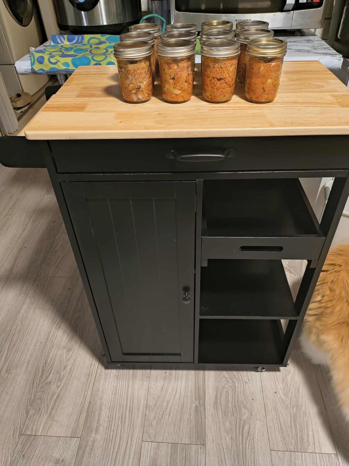 Gizoon Kitchen Island Cart with Storage Cabinet & Removable Tray | 27.6''W Mobile Kitchen Cart with Drawer, Towel Rack, 3 Hooks, 3 Open Shelves, Utility Trolley Cart for Dining Room, White customer photo 1