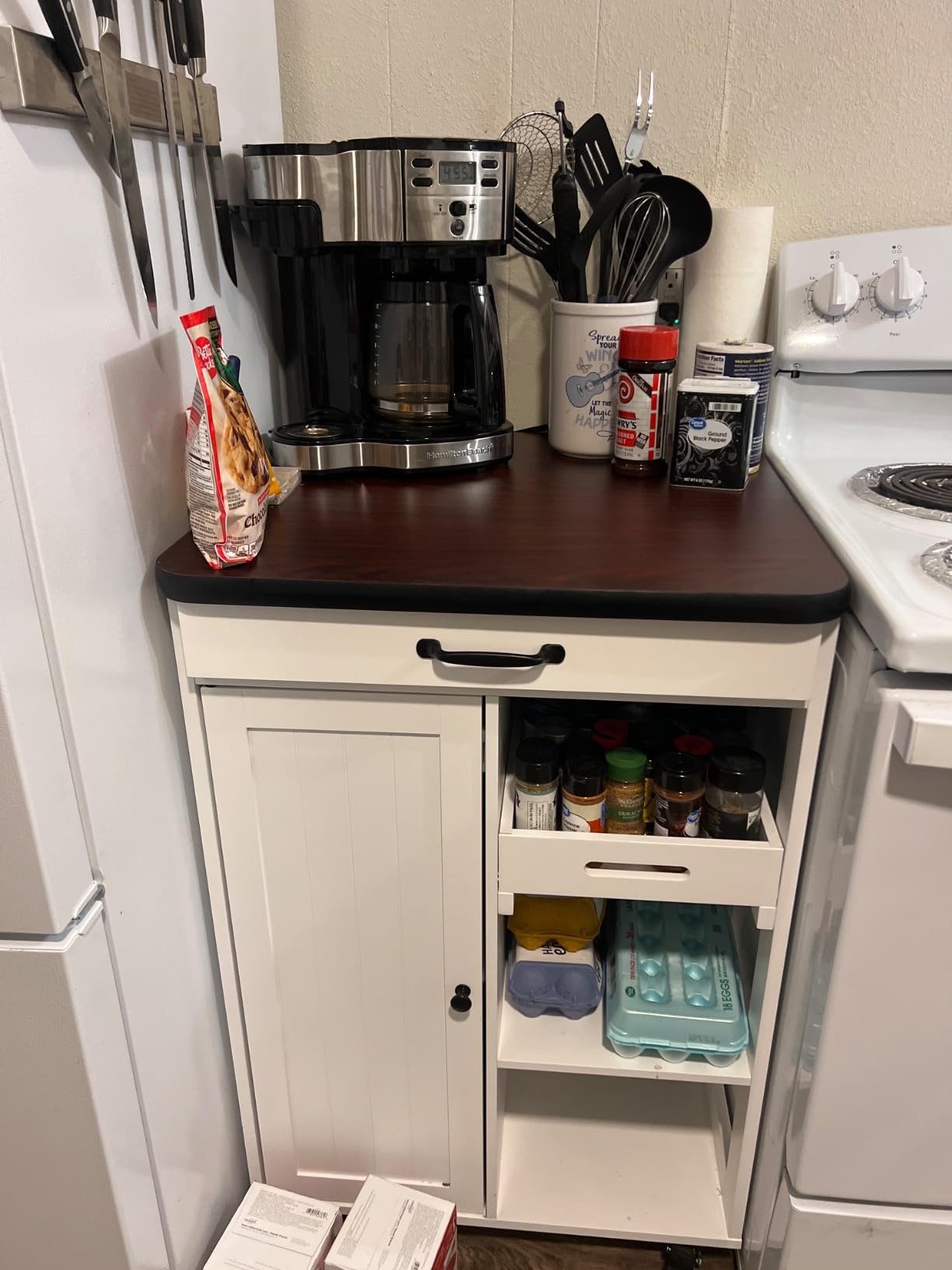 Gizoon Kitchen Island Cart with Storage Cabinet & Removable Tray | 27.6''W Mobile Kitchen Cart with Drawer, Towel Rack, 3 Hooks, 3 Open Shelves, Utility Trolley Cart for Dining Room, White customer photo 2