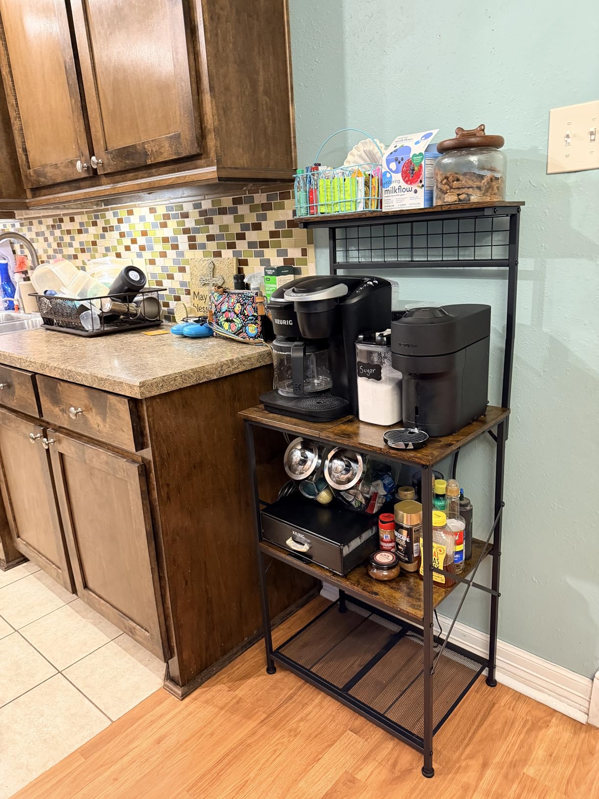 Furologee Kitchen Bakers Rack with Power Outlet, Microwave Oven Stand with Storage 4 Tiers, Coffee Bar Table with 6 S Hooks, Kitchen Storage Shelf Rack for Spices, Pots, Rustic Brown customer photo 1