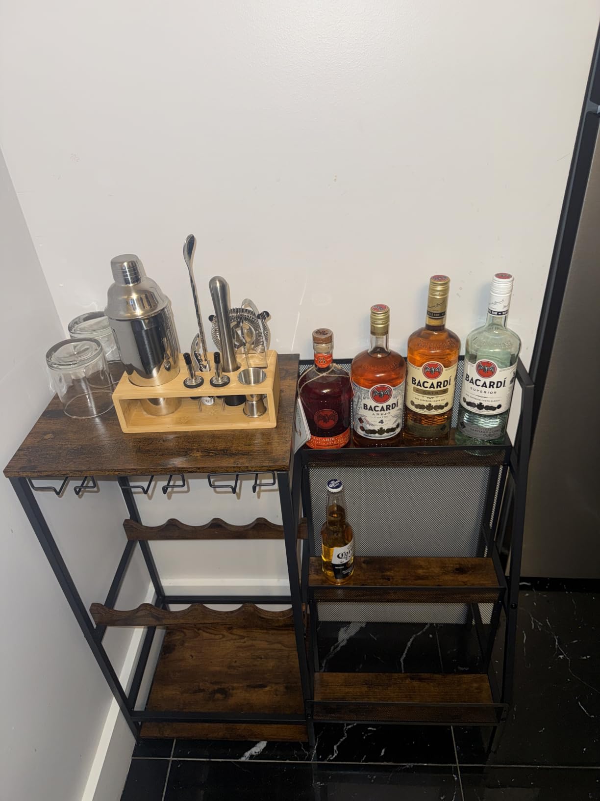 Versatile Liquor Stand for Home Bar, Wine Rack Freestanding Floor, Mini Bar Table for Liquor Whiskey Wine, 3-Tier Trapezoidal Liquor Bottle Display Shelf with Glass Holder and Fences(Patent Pending) | 3-Tier Display, 3 Glass Holder Rows, 4-Bottle Rack: Arrange the wine rack left or right of the mini bar to fit your space customer photo 1