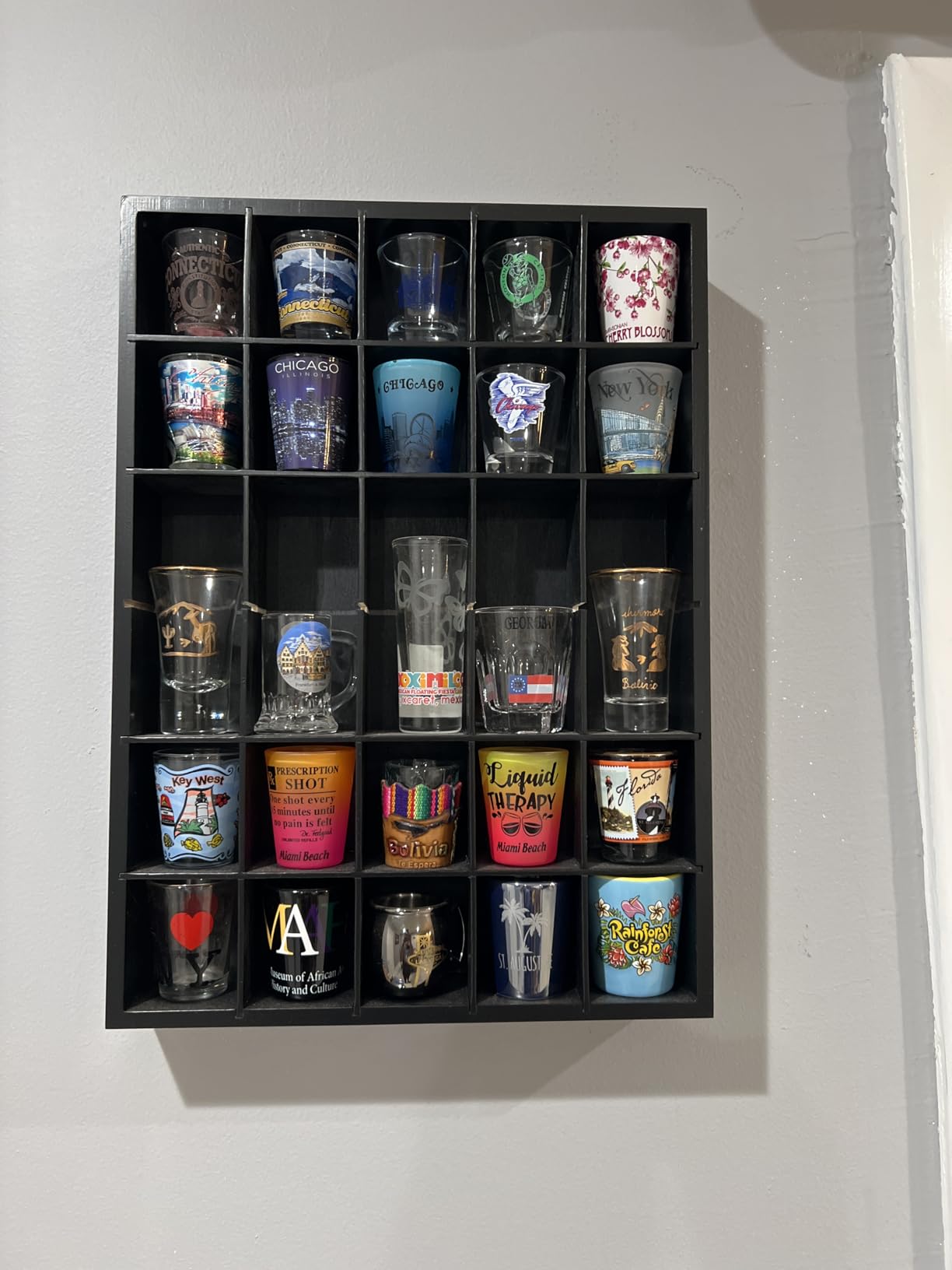 Shot Glass Display Case, Black Wooden Shot Glass Shelf with Removable Shelves, Wall Mounted Shadow Box Thimble Display Case, 30 Slots customer photo 1