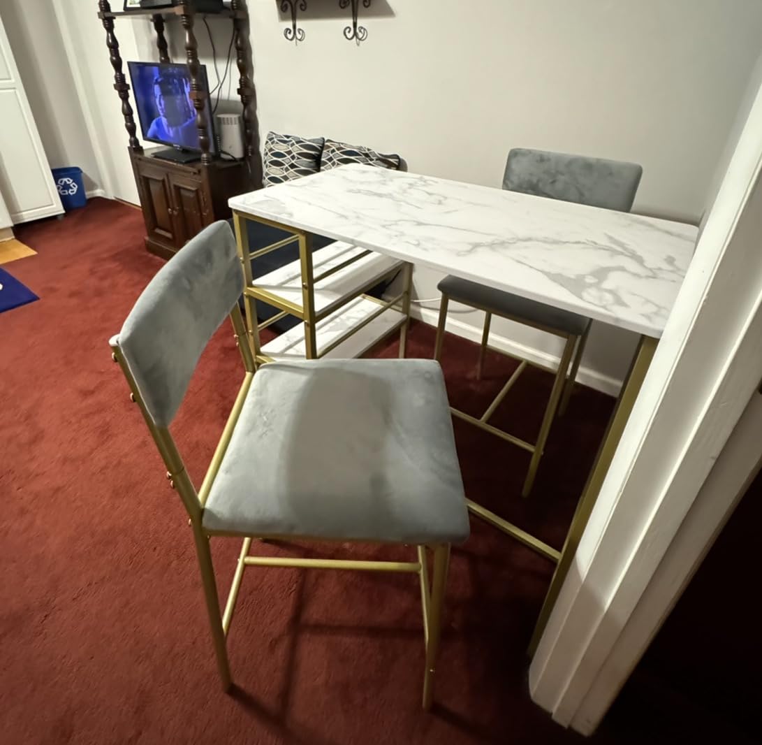 IDEALHOUSE Dining Table Set for 2, Counter Height Kitchen Table and Chairs, Bar Table Set with 2 Velvet Bar Stools, 3 Piece Dining Room Table Set for Small Space, Apartment, Gray Gold White customer photo 2
