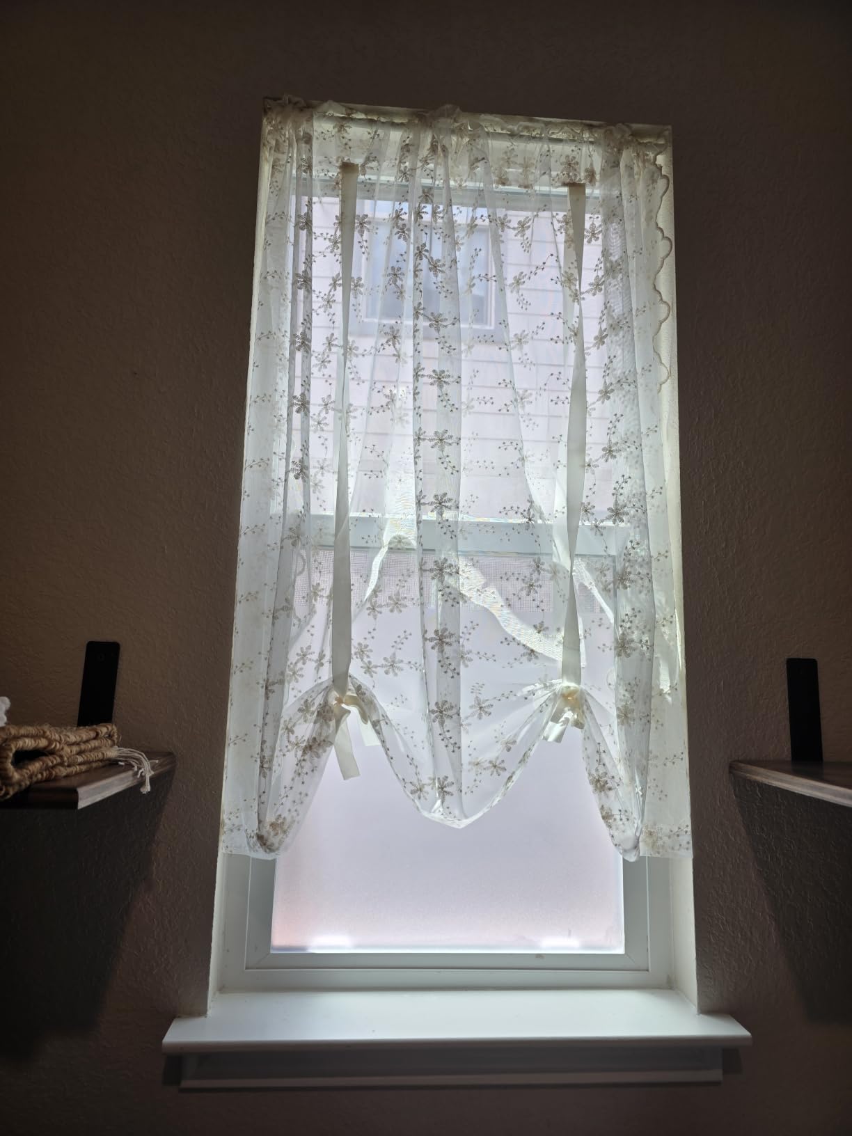 Beige Romantic Little Floral Woven Lace Tie Up Balloon Curtain for Kitchen customer photo 1