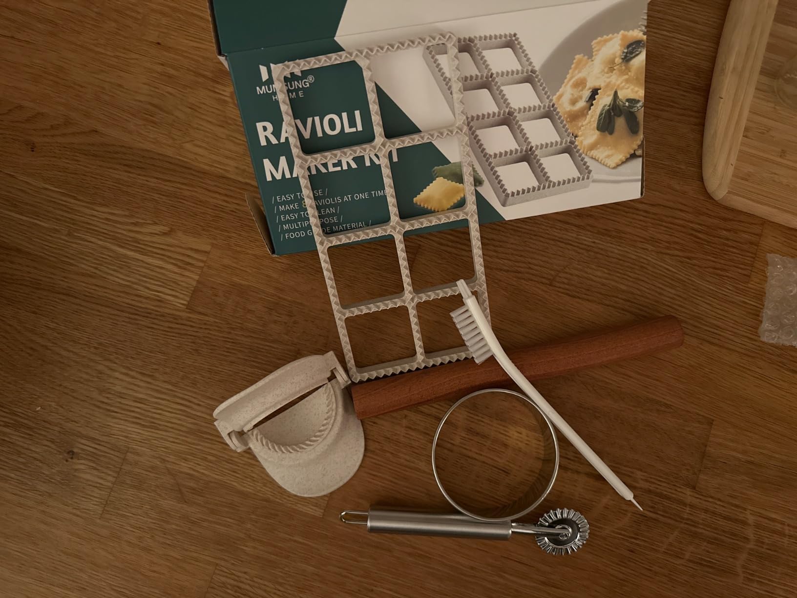 Ravioli Maker Press, Ravioli Cutter, 8-Holes Square Mold, Empanada Press | 1.8-Inch Square Design Makes 8 Ravioli At Once; Includes Cutter Wheel, Dough Cutter, Rolling Pin and Cleaning Brush customer photo 1