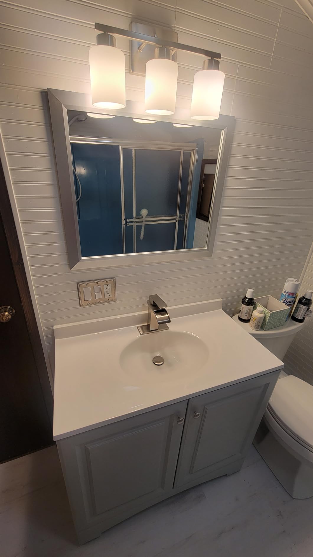 FonmYim Brushed Nickel Bathroom Light Fixtures, 3-Light Modern Vanity Light Over Mirror, Wall Sconces with Milky White Frosted Glass Shades, E26 Socket (Bulbs Not Included) customer photo 2