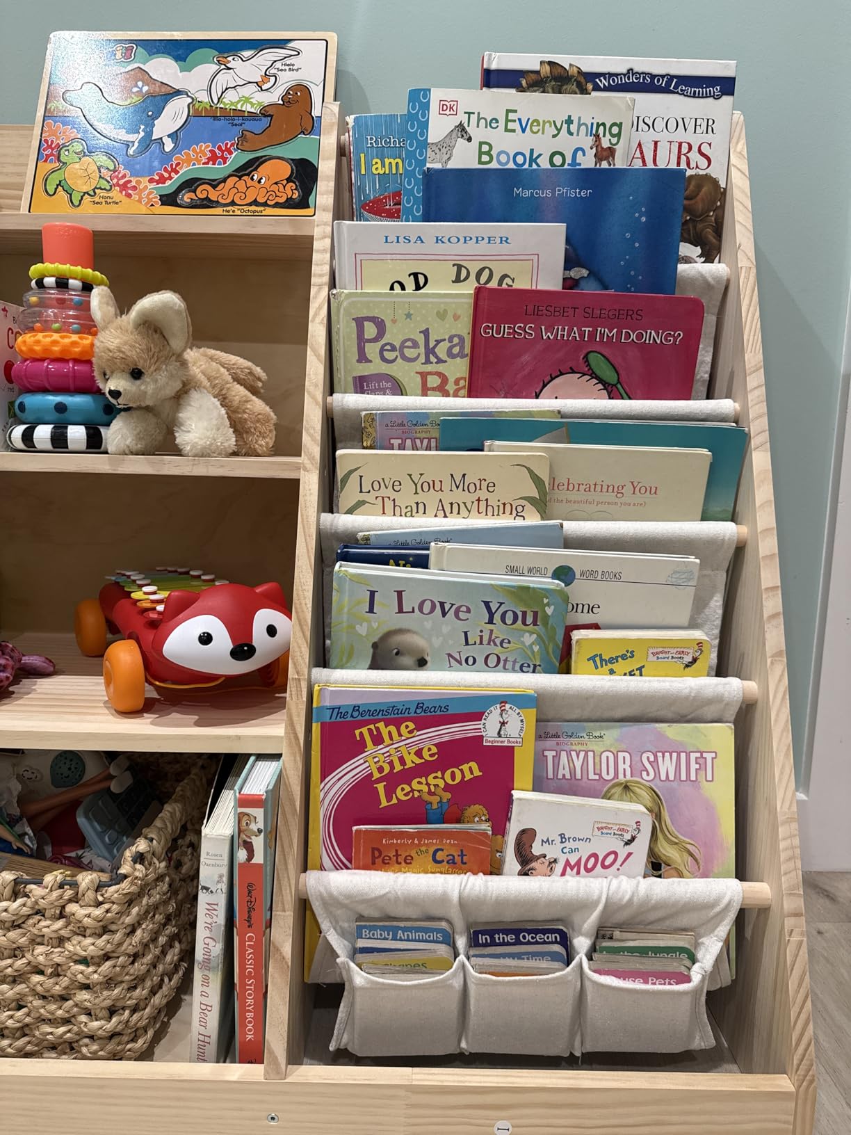 EXPERLAM Kids Bookshelf and Toy Storage Organizer, 4 Tier Wooden Kids Book Shelf with Sling Book Rack in Kids Room Playroom Nursery for Kids, Children, Toddlers customer photo 1