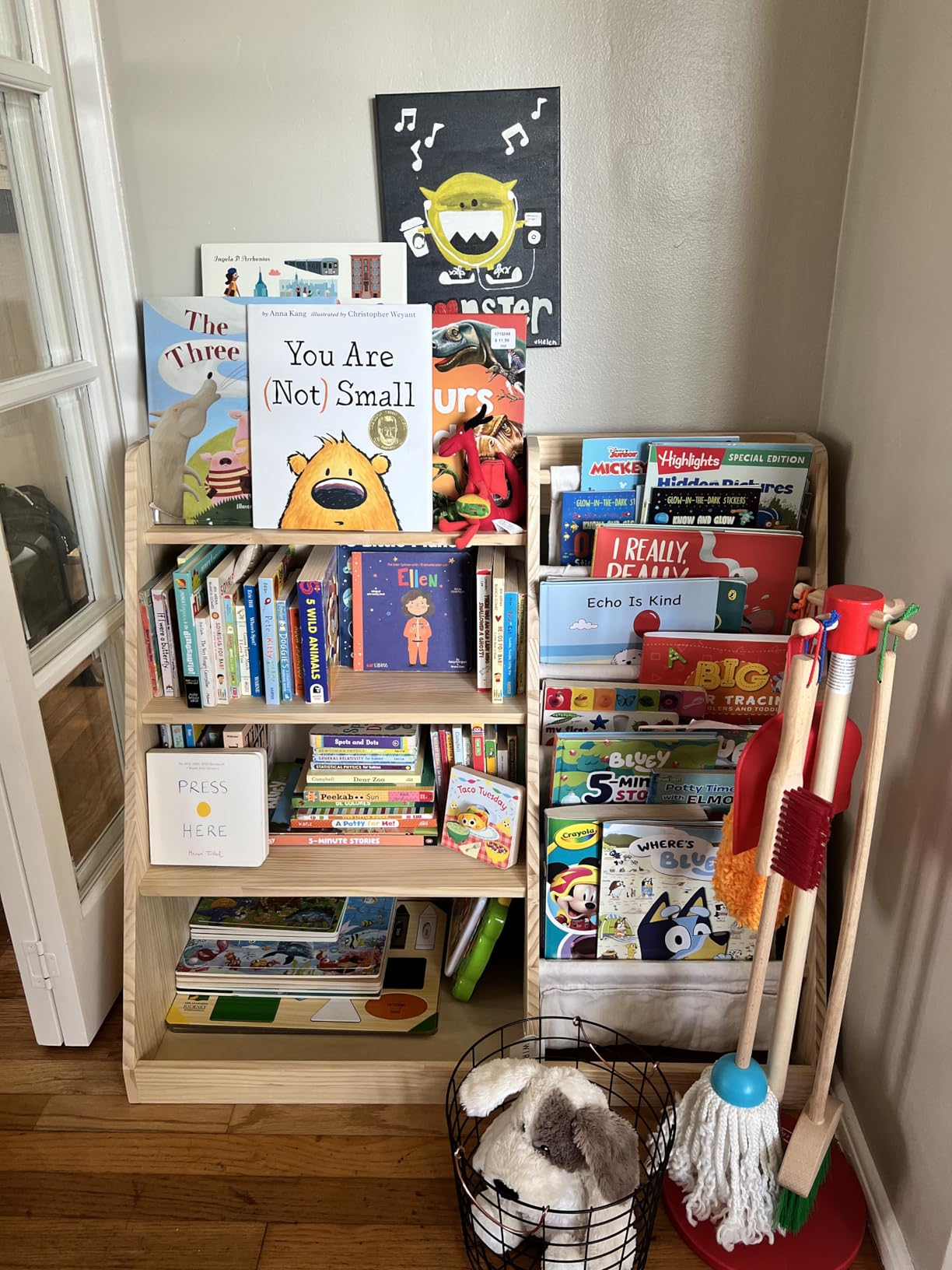 EXPERLAM Kids Bookshelf and Toy Storage Organizer, 4 Tier Wooden Kids Book Shelf with Sling Book Rack in Kids Room Playroom Nursery for Kids, Children, Toddlers customer photo 2