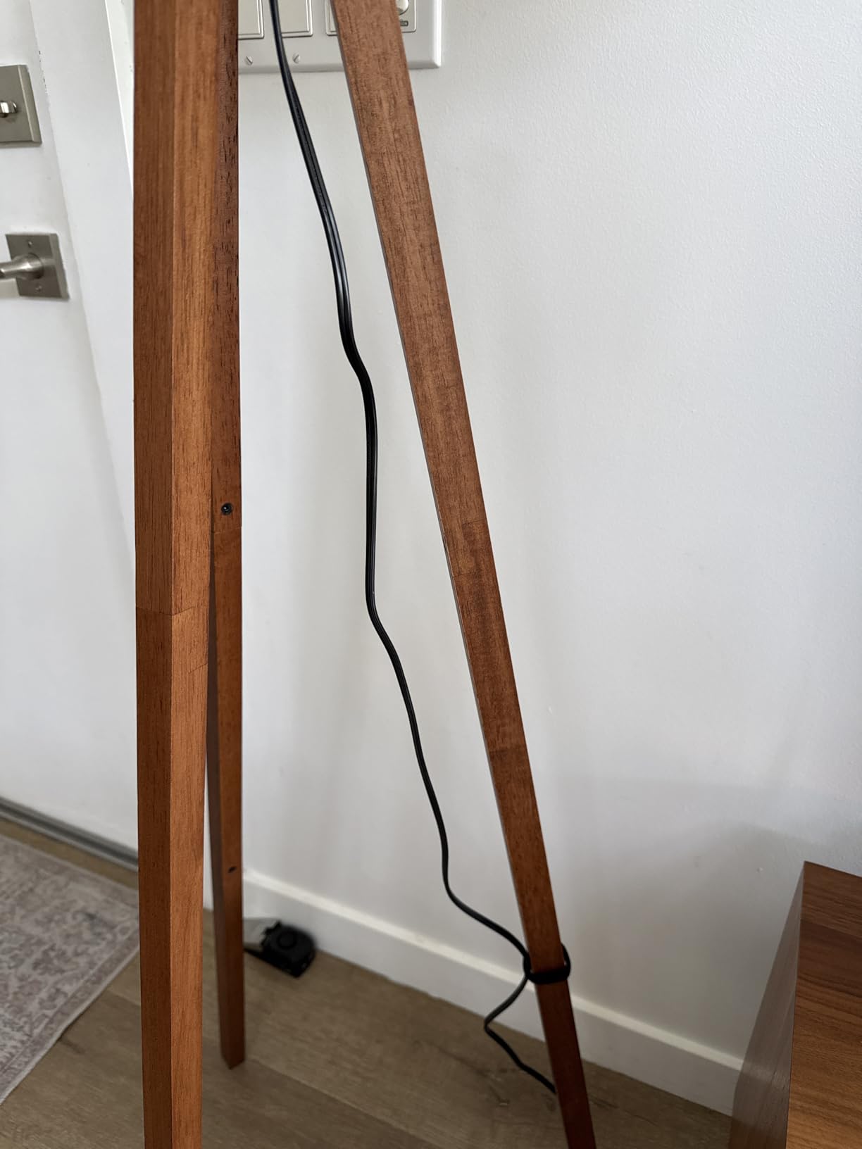 ELYONA Wood Tripod Floor Lamp, Mid Century Reading Standing Lamp with 3 Color Temperatures & Linen Shade, Modern Night Light for Bedroom, Farmhouse, Living Room, Office, 9W LED Bulb Included, Brown customer photo 2