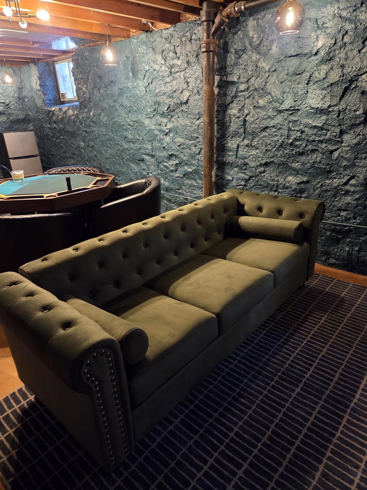 Tufted Velvet Sofa Couch for Living Room, Rolled Arm 3-Seater Sofa Couch with Nailhead Trim and 2 Neck Roll Pillows, Small Apartment Chesterfield Sofa Green customer photo 1