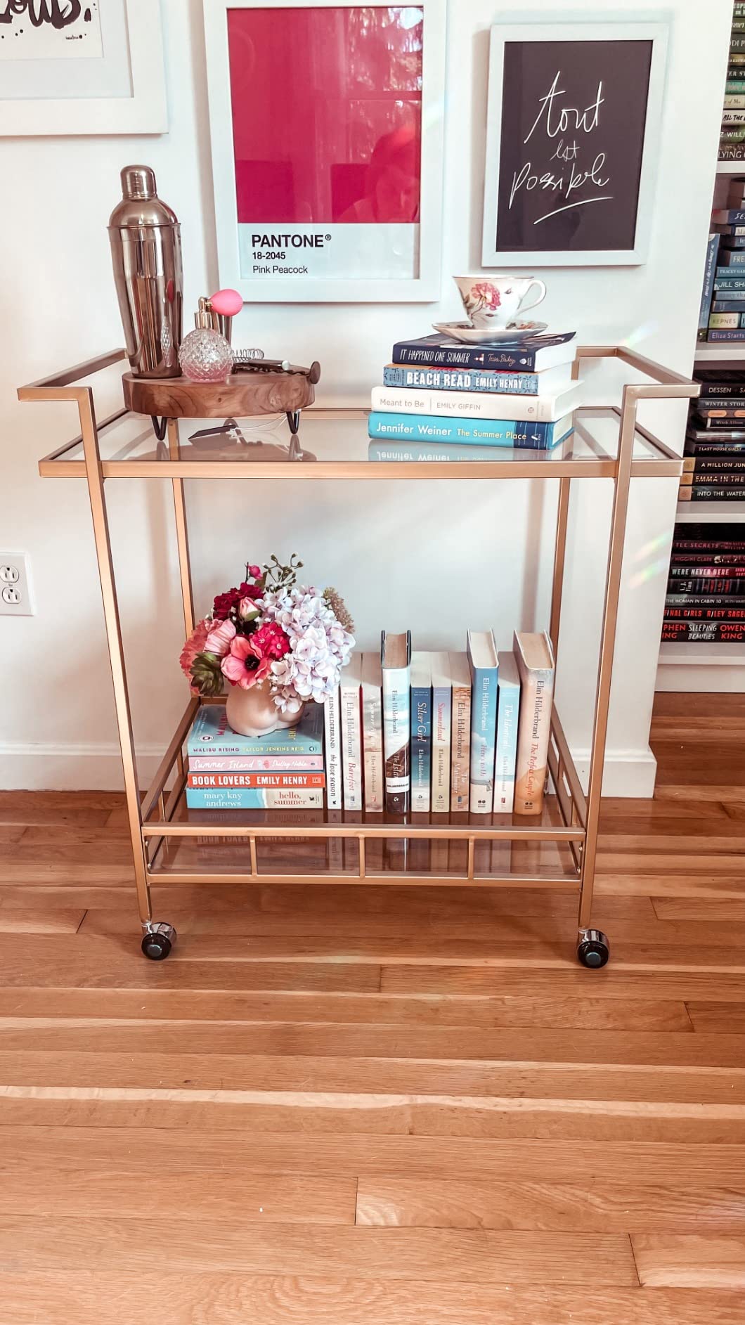 Gold Bar Carts for the Home, Bar Serving Cart with 2 Glass Shelves | Kitchen Beverage Cart / Liquor Cart for the Living Room or Dining Room (30