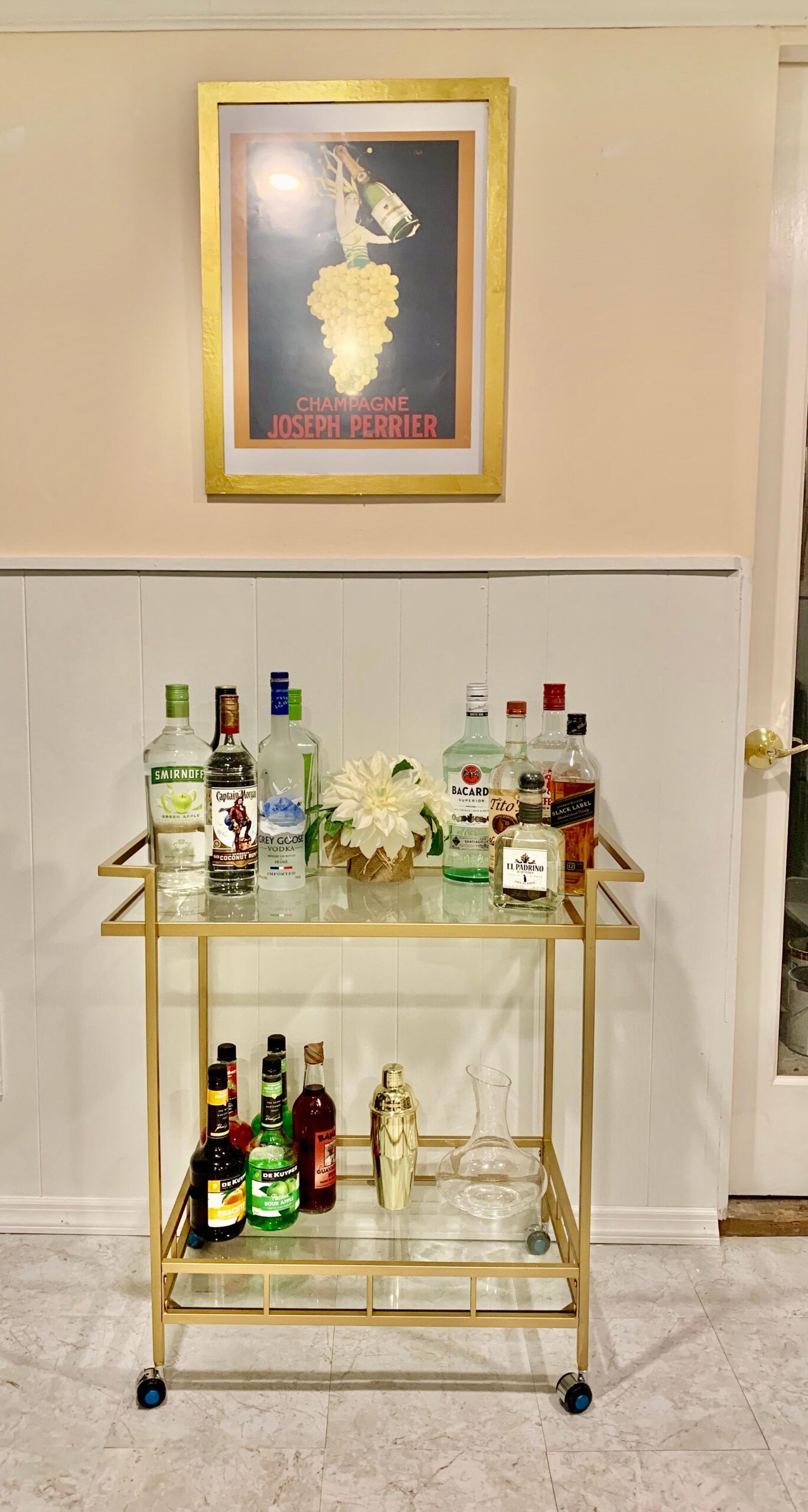 Gold Bar Carts for the Home, Bar Serving Cart with 2 Glass Shelves | Kitchen Beverage Cart / Liquor Cart for the Living Room or Dining Room (30