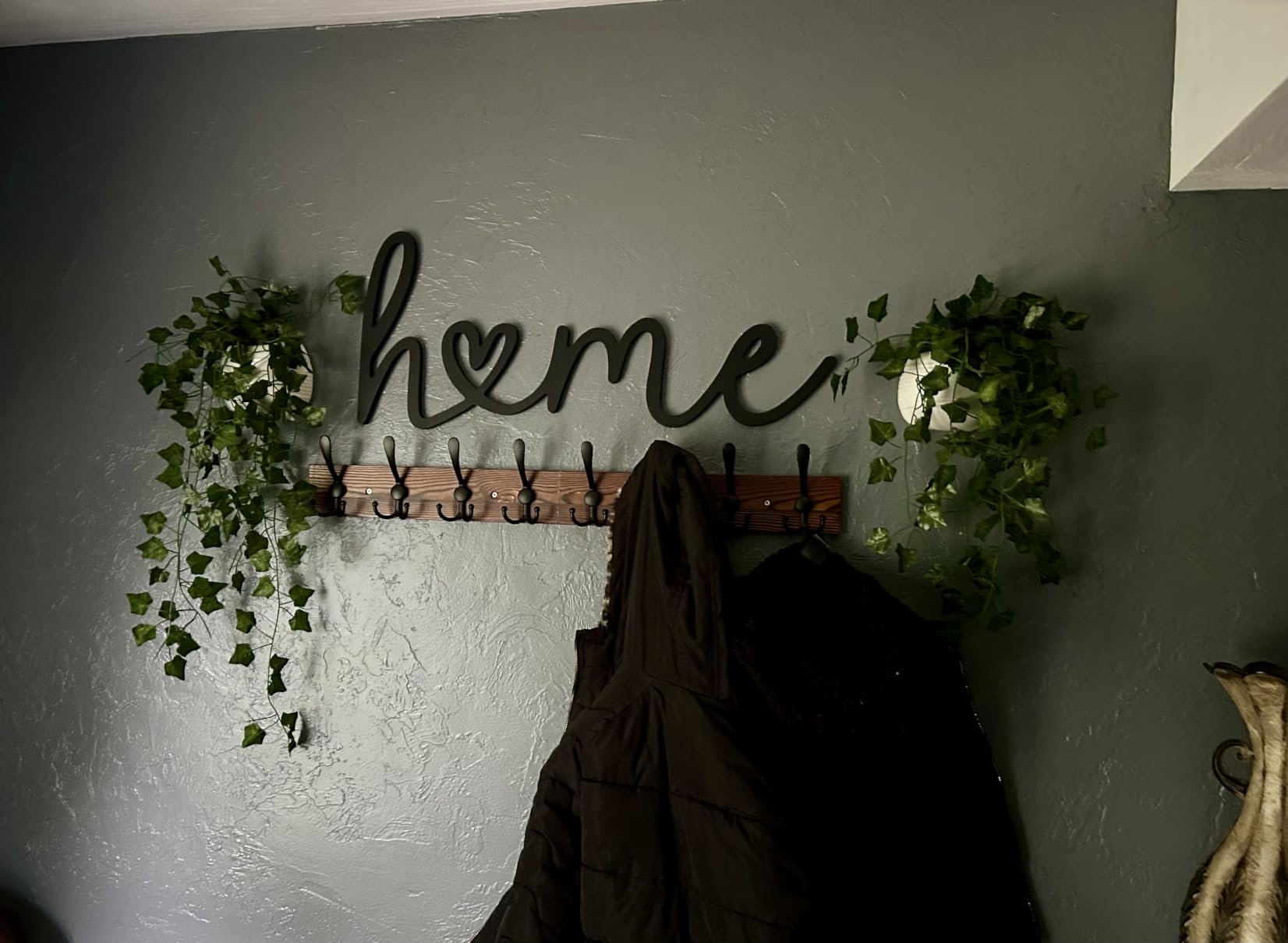 Kuhome 32.2'' Large Coat Rack Wall Mount Coat Hooks Coat Hanger with 8 Metal Black Triple-Hooks Brown Pine Real Wood Plank Hat Rack for Wall Hooks for Hanging Coat Hat Jacket customer photo 2