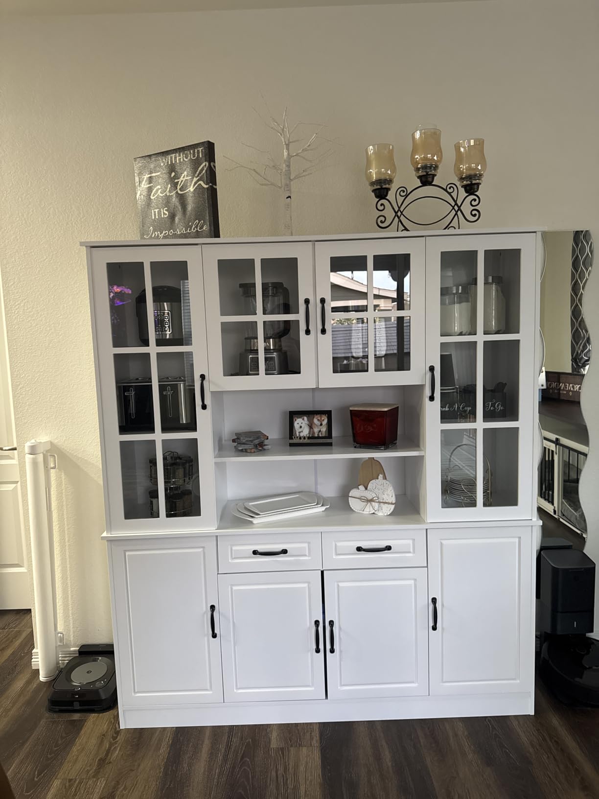 MU Kitchen Storage Cabinet with Glass Doors, Large China Hutch with 2 Drawers & 5 Adjustable Shelves, Kitchen Pantry Hutch for Home Office, Living Room, White (15.8