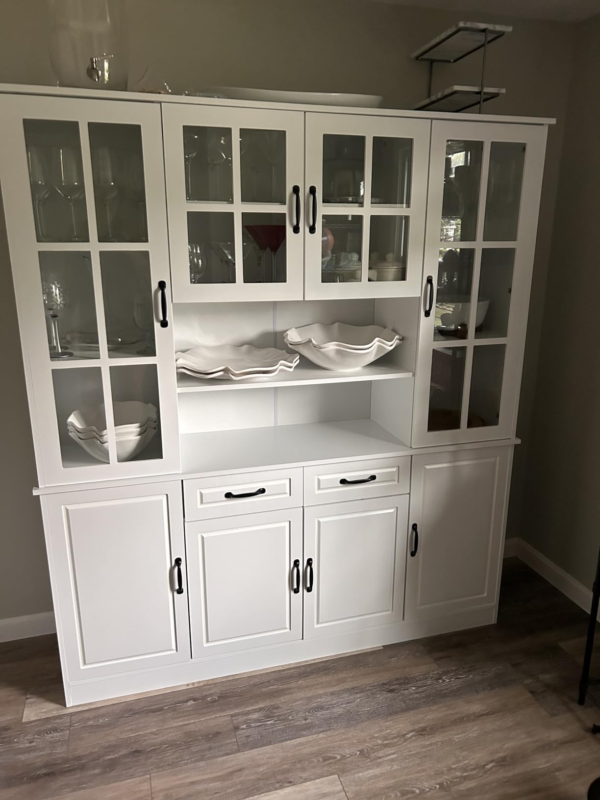 MU Kitchen Storage Cabinet with Glass Doors, Large China Hutch with 2 Drawers & 5 Adjustable Shelves, Kitchen Pantry Hutch for Home Office, Living Room, White (15.8