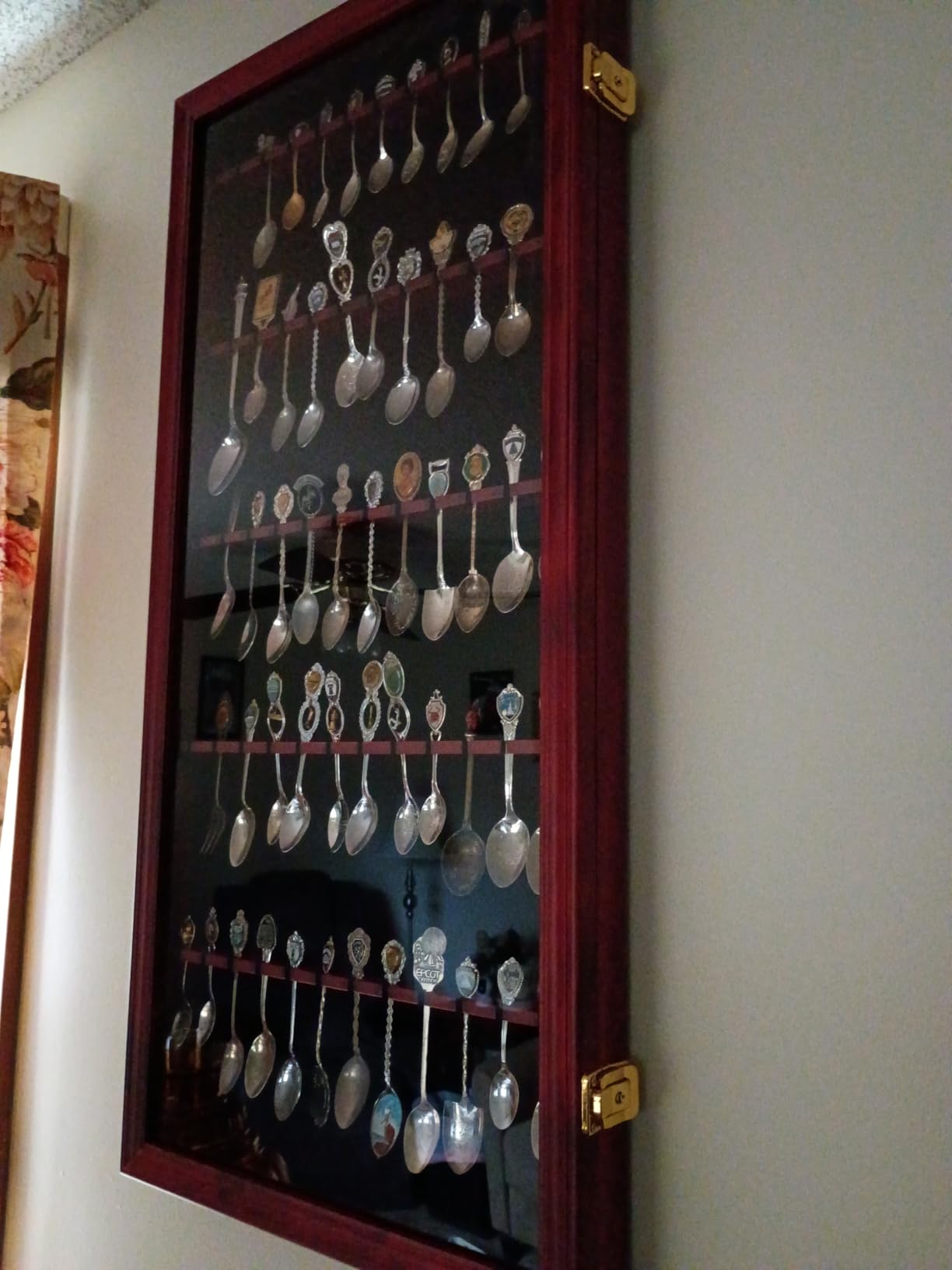60 Souvenir Spoon Display Case Wall Mount Lockable Cabinet Burnt | Solid wood frame with black velvet lining and UV resistant acrylic door customer photo 1