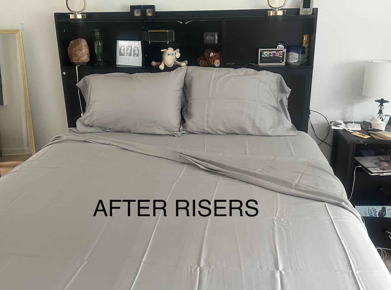 PAKASEPT Queen Headboard with Storage, Modern Bookcase Headboard with Adjustable LED Lights & Charging Station for Bedroom, Fashion Black customer photo 2