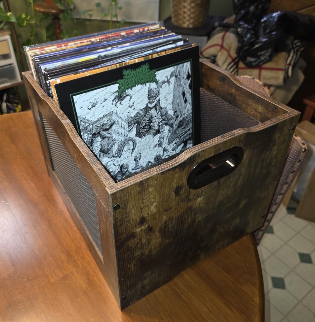 Pack of 2 Vinyl Record Storage Crate, Stackable LP Display Shelf, Heavy Duty Wood Organizer Box for Collectors/Store/Home/Office/School/Artistic Space/Garage/Warehouse, Brown customer photo 1