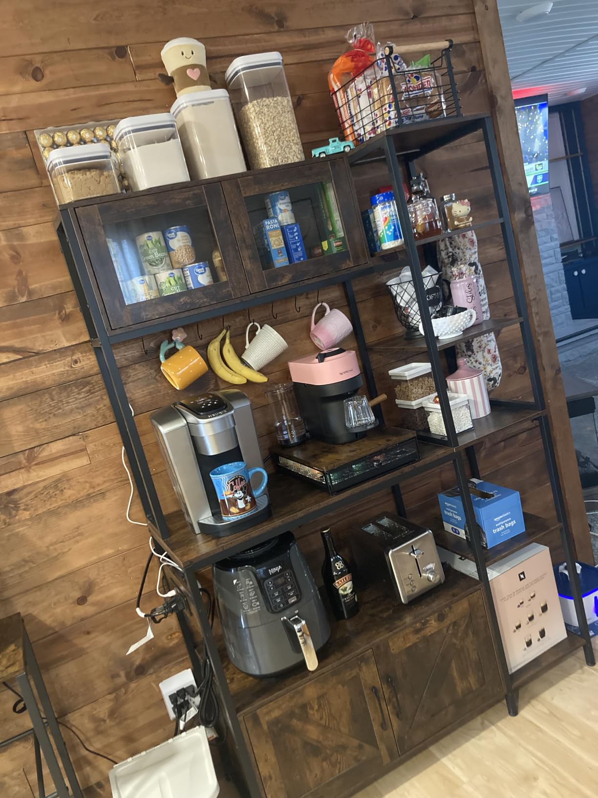 Itaar Bakers Rack with Power Outlet and LED Light, 45.3 Inch Farmhouse Coffee Bar Cabinet, Kitchen Microwave Stand with Storage, Glass Cabinet, Goblet Holder and 8 Hooks (Rustic Brown) customer photo 2