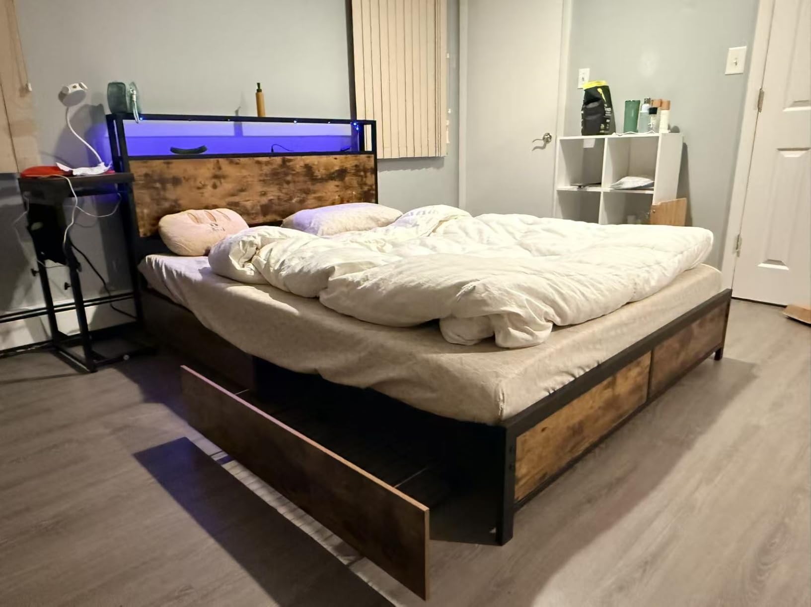 Lifezone Queen Bed Frame with 2-Tier Storage Headboard, Metal Platform Bed Frame with 4 Storage Drawers, Built in Charging Station & LED, Noise-Free/Metal Support/No Box Spring Needed, Rustic Grey customer photo 1