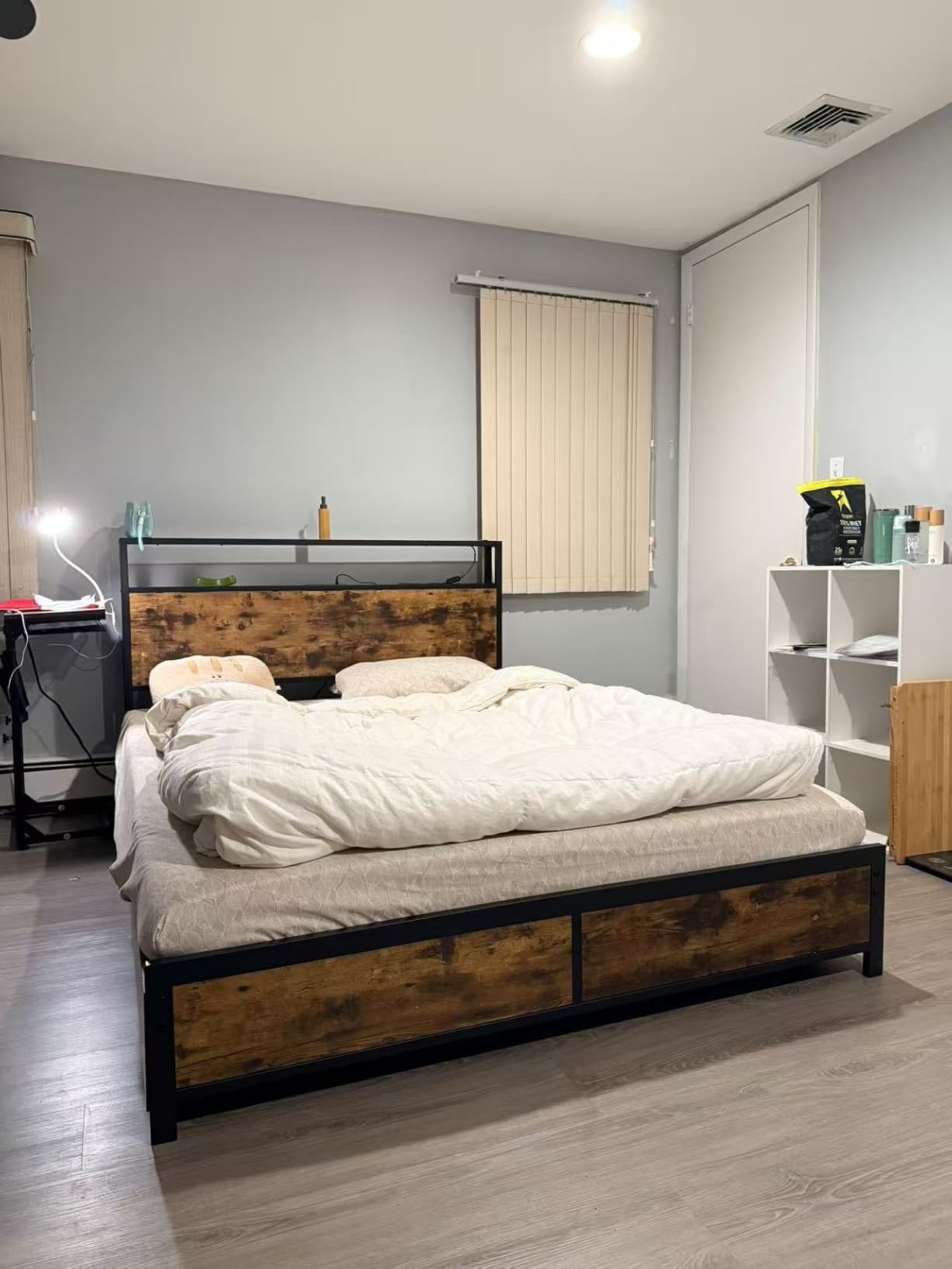 Lifezone Queen Bed Frame with 2-Tier Storage Headboard, Metal Platform Bed Frame with 4 Storage Drawers, Built in Charging Station & LED, Noise-Free/Metal Support/No Box Spring Needed, Rustic Grey customer photo 2