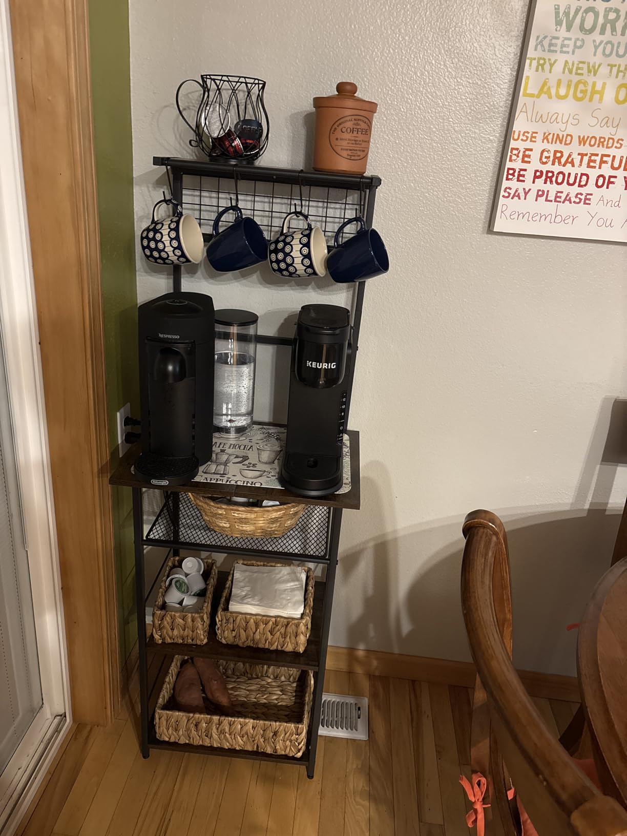 5 Tier Coffee Bar Station, Kitchen Stand with 4 S-Shaped Hooks, Farmhouse Corner Coffee Bar Cabinet for Small Spaces, Bakers Rack for Kitchen, Entryway, Living Room, 13.43