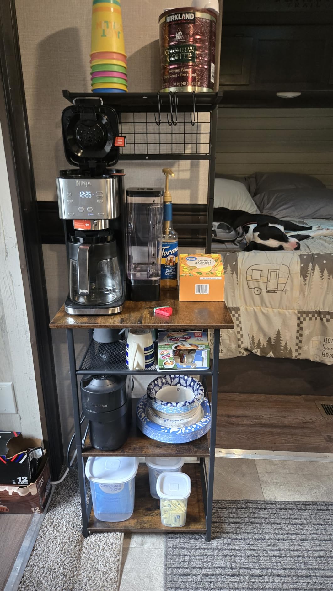 5 Tier Coffee Bar Station, Kitchen Stand with 4 S-Shaped Hooks, Farmhouse Corner Coffee Bar Cabinet for Small Spaces, Bakers Rack for Kitchen, Entryway, Living Room, 13.43
