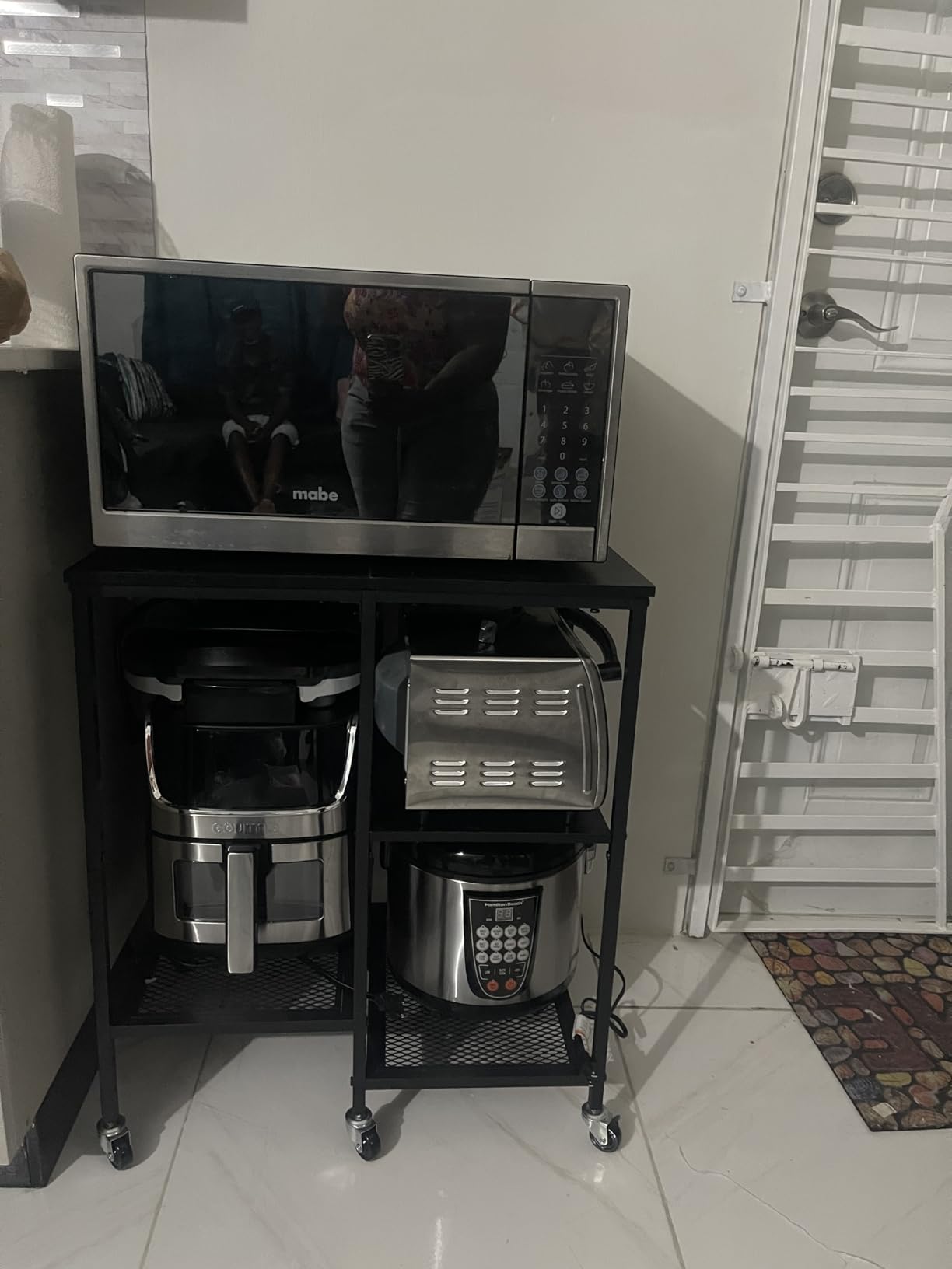 OGEMXU Rolling Kitchen Microwave Cart, 4 Tier Microwave Stand, Utility Cart on Lockable Wheels, Open Storage for Spices, Pots customer photo 2