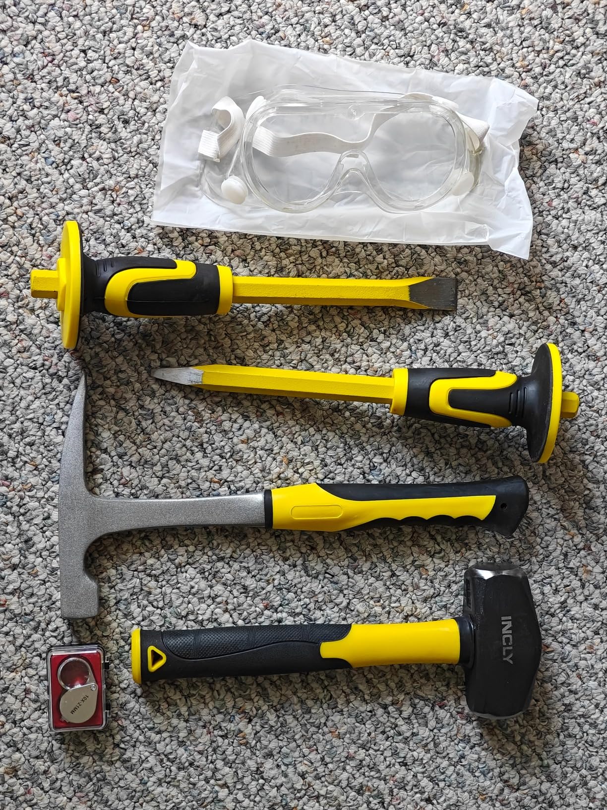 INCLY 7PCS Geology Rock Pick Equipment Kit, Rock Hammer and Chisel Set | 3lb Sledge & 32 oz Rock Hammer, 2PCS 12