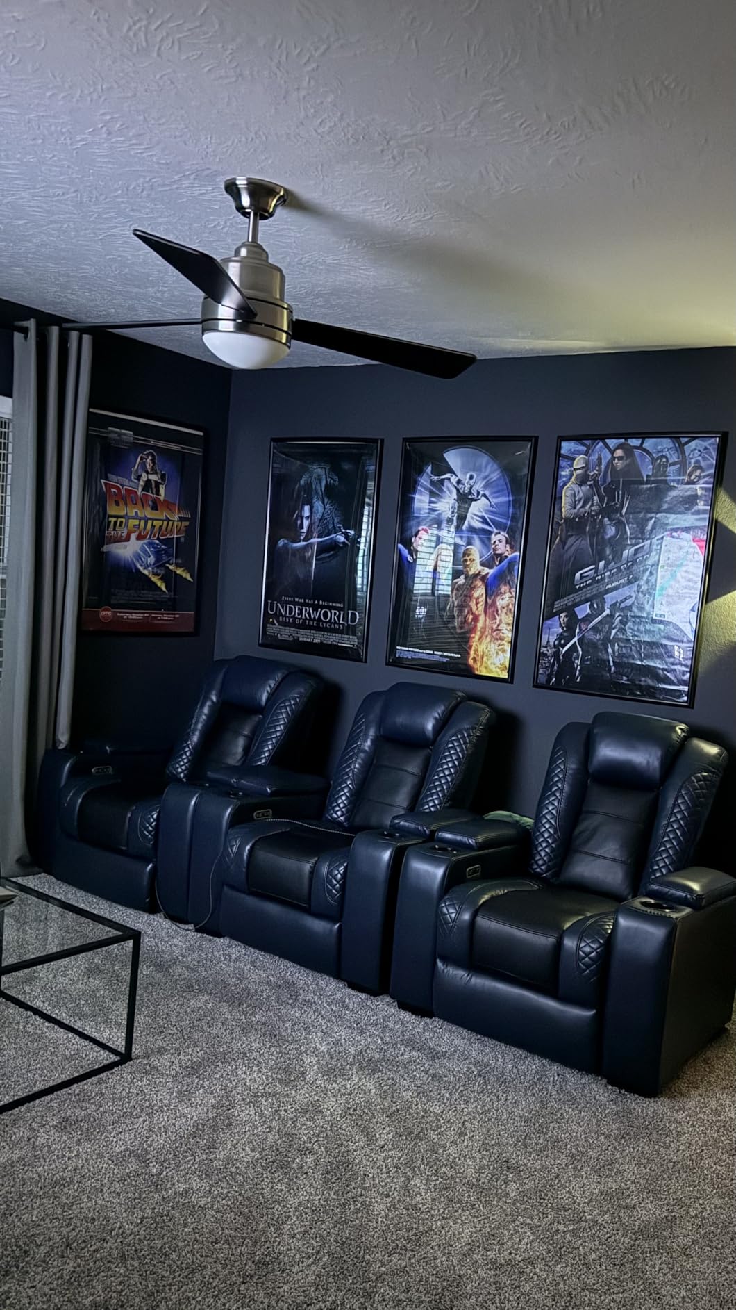 ANJ Power Home Theater Seating, PU Leather Electric Recliner Chair with Adjustable Headrest, Dual Motors Movie Reclining Chairs with LED Lights, USB Port, Cup Holders, Hidden Arm Storage (Blue & Black) customer photo 1