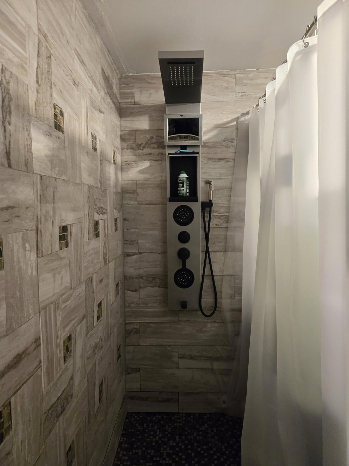 ELLO&ALLO Shower Panel System Tower with Shelf, Rainfall and Waterfall Head Rain Massage Stainless Steel Bathroom Fixtures with Adjustable Body Jets, Brushed&Black customer photo 1