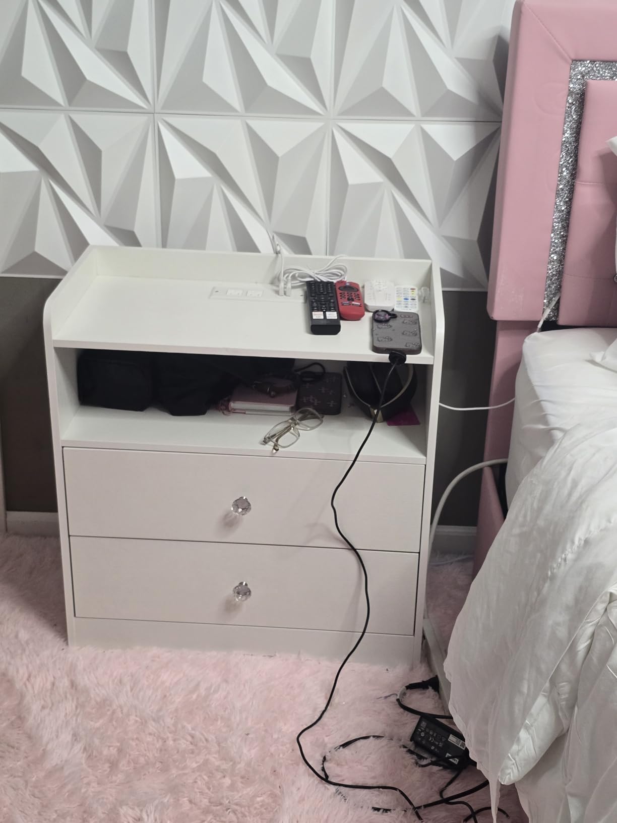 Nightstand with Charging Station and LED Light, White customer photo 2