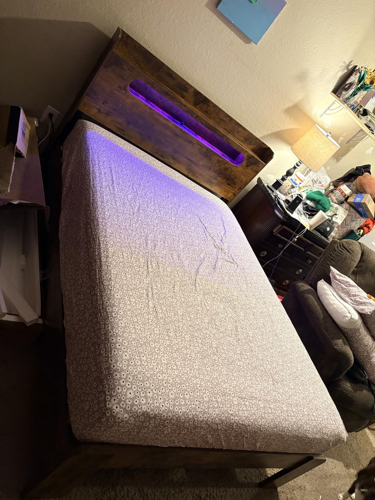 Wooden Full Bed Frame with Storage Headboard, Farmhouse Platform | Rustic Farmhouse Platform Bed Frame with Wood Slats, Charging Station, LED Lights, No Box Spring Needed customer photo 2